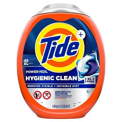 + 45 DACS Tide XL POWER-PODS
HYGIENIC CLEAN
1 XL = 2 PODS
REMOVES VISIBLE + INVISIBLE DIRT
1.89 kg (4.12 LB) 66 OZ