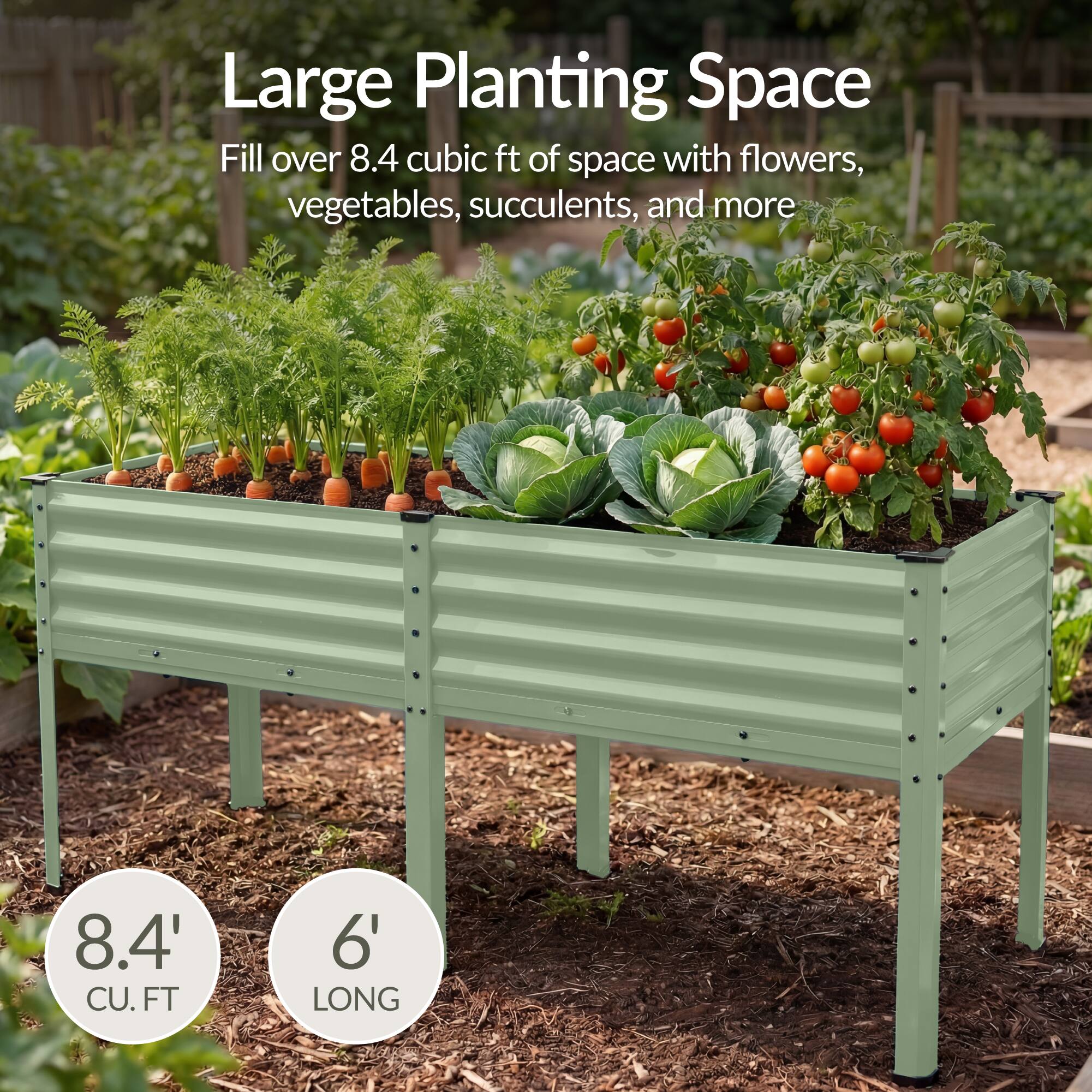 Large Planting Space  
Fill over 8.4 cubic ft of space with flowers, vegetables, succulents, and more  

8.4' CU. FT  
6' LONG
