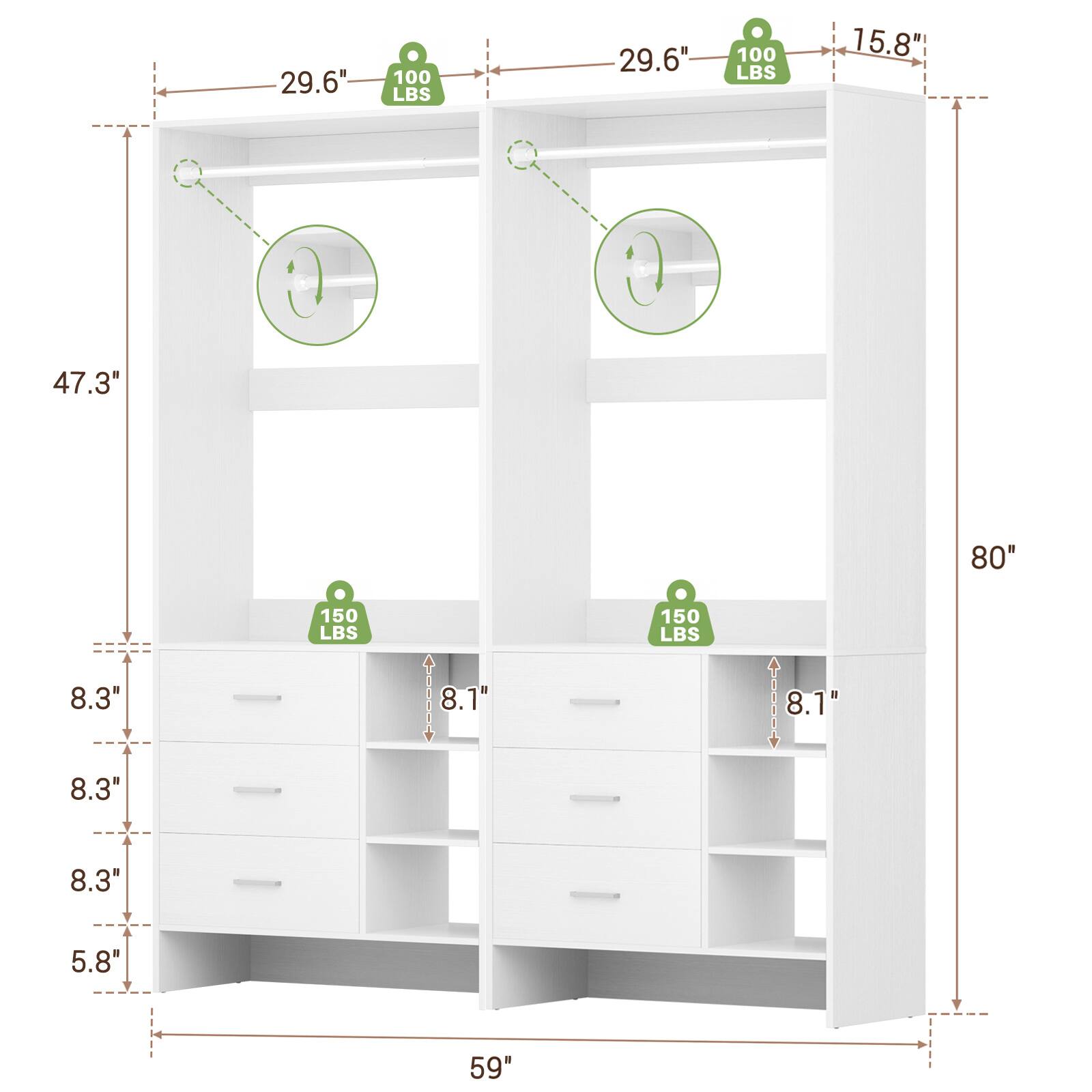 29.6" 100 LBS  
29.6" 100 LBS  
15.8"  
47.3"  
80"  
8.3"  
8.3"  
150 LBS  
8.1"  
150 LBS  
8.1"  
8.3"  
5.8"  
59"