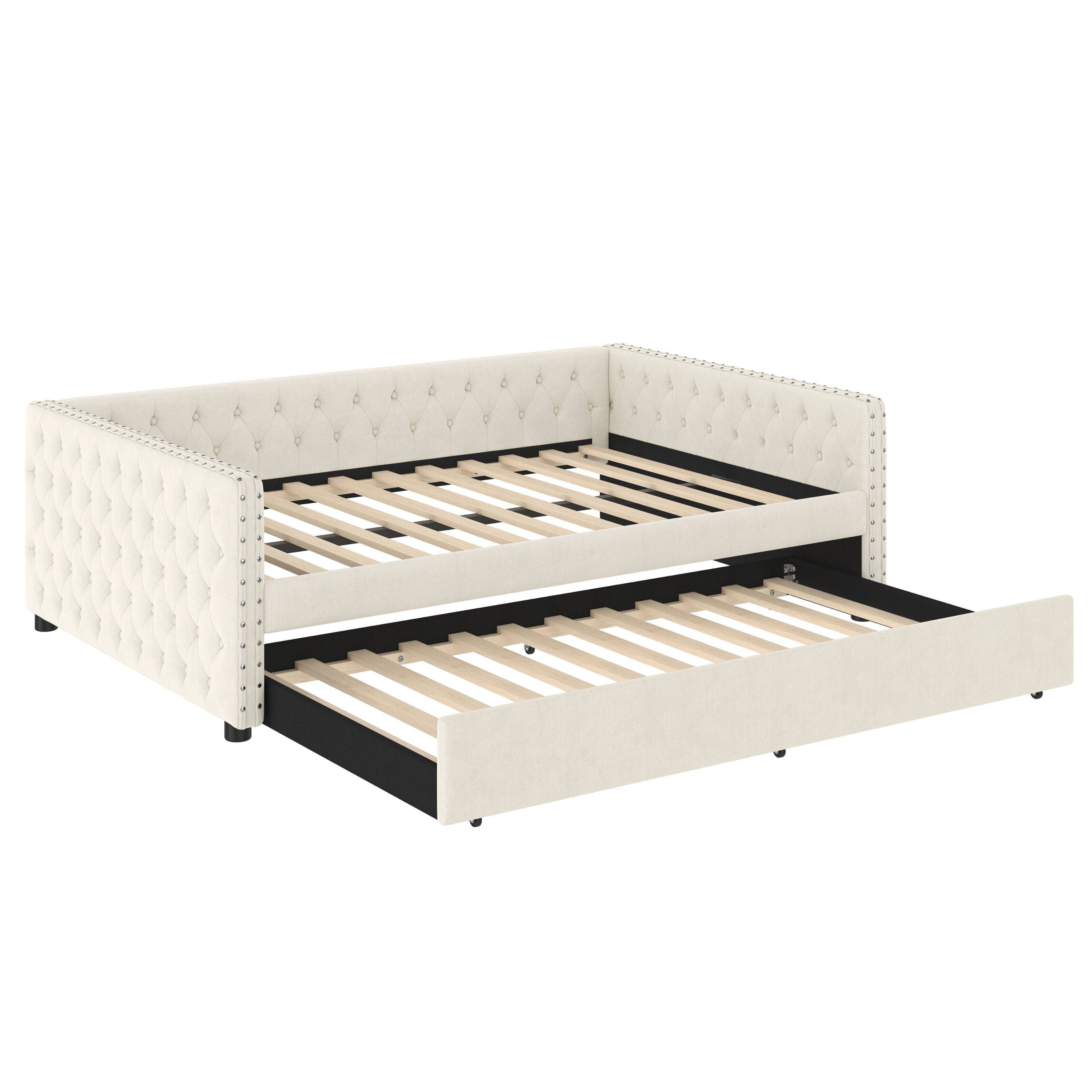 Alt View 2. Tiramisubest - Full Size Daybed, Upholstered Tufted Sofa Bed with Trundle,  Full Daybed with Twin Trundle - Ivory.