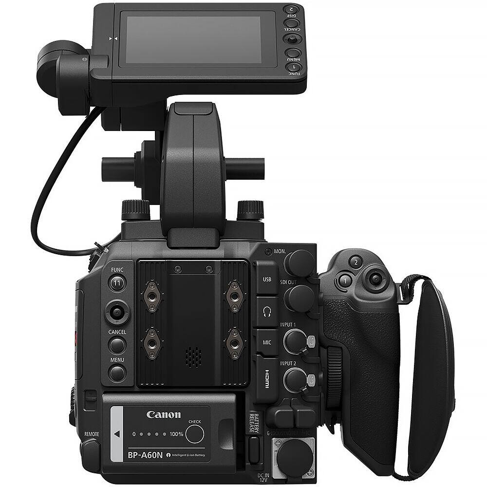 u CANCEL MENU a 22 MON FUNC 11 USB SDI OUT 2 CANCEL INPUT I MIC MENU IWCH INPUT 2 REMOTE Canon CHECK 100% RELEASE BATTERY BP-A60N Intelligent Lithium Battery DC 12V