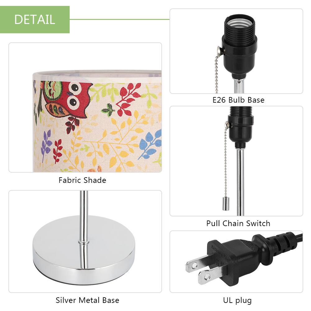 DETAIL

- E26 Bulb Base
- Fabric Shade
- Pull Chain Switch
- Silver Metal Base
- UL plug