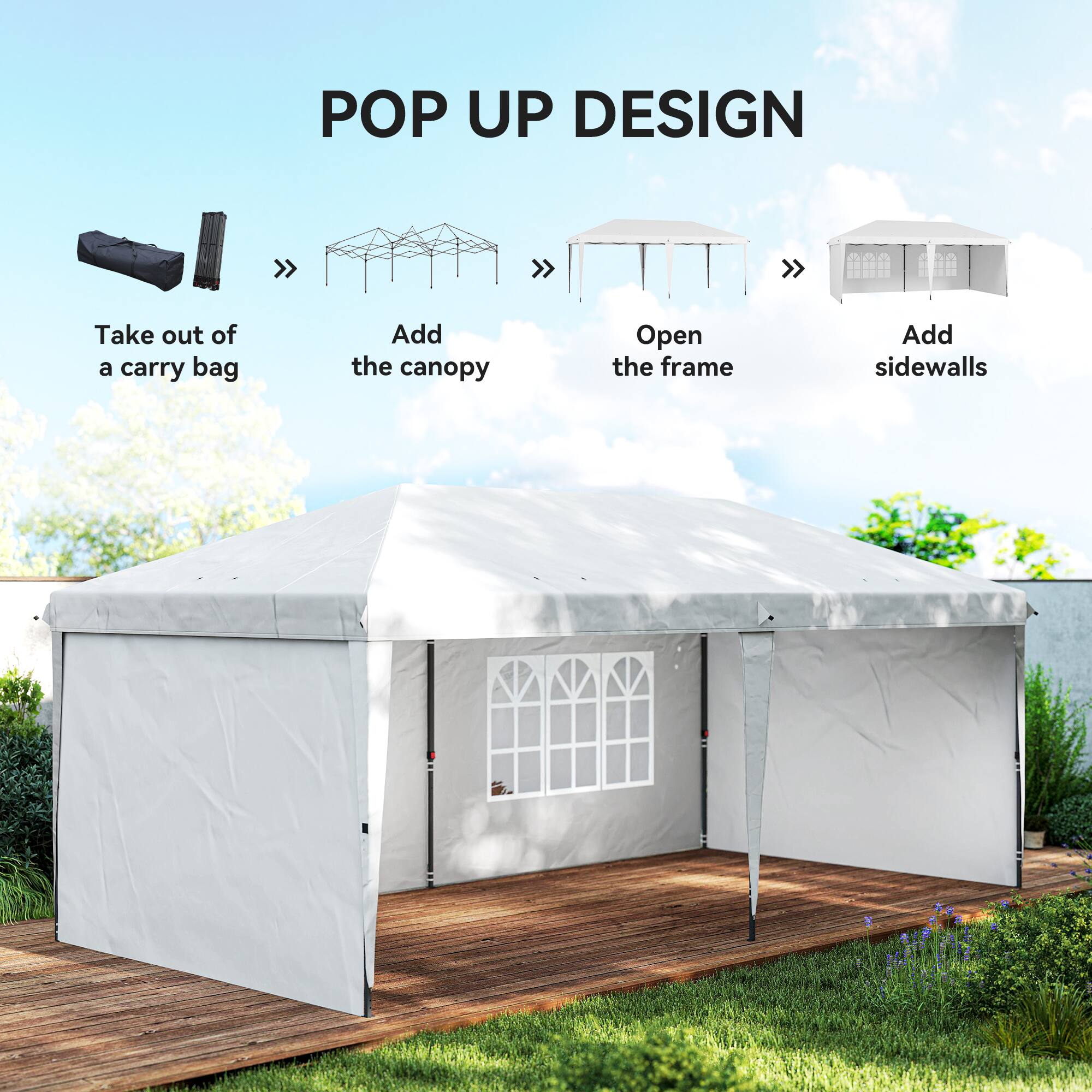 POP UP DESIGN

- Take out of a carry bag
- Add the canopy
- Open the frame
- Add sidewalls