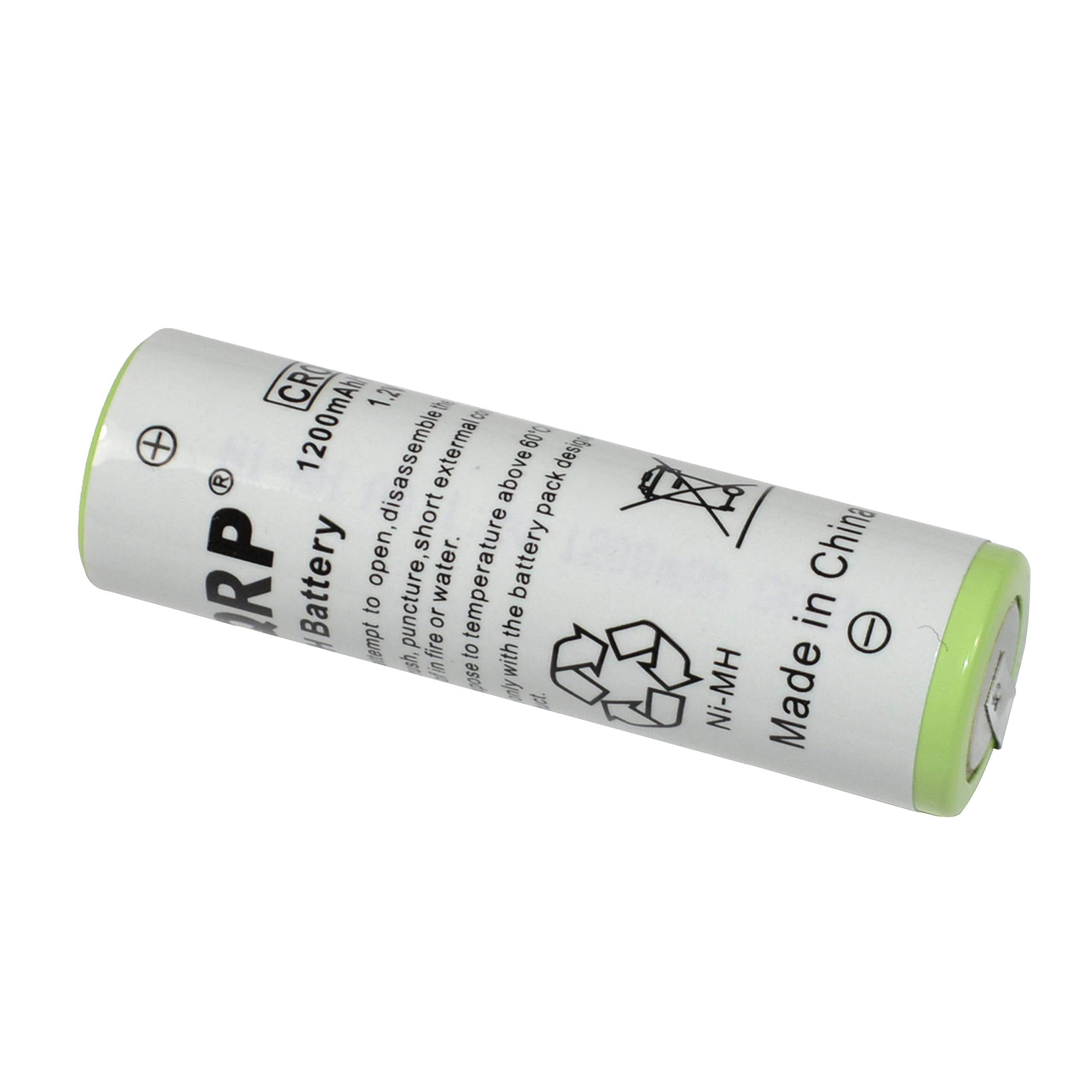 CR 1.2 - 1200mAh  
Battery  
Made in China  
Ni-MH  
Do not disassemble, short circuit, expose to fire, or puncture.  
Do not open, expose to water, or temperature above 60°C.  
Do not dispose of in fire.  
Recycle.
