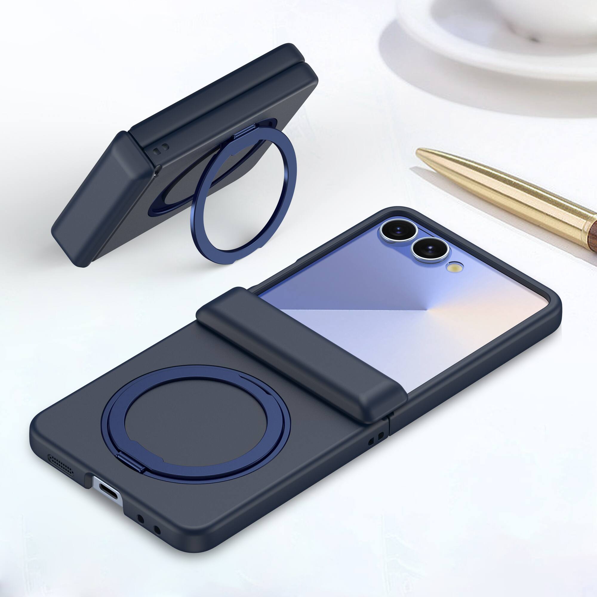Back. Dteck - Magnetic Case for Samsung Galaxy Z Flip 7 with Screen Protector , 360° Rotating Kickstand Shockproof Hinge Cover - Darkblue.