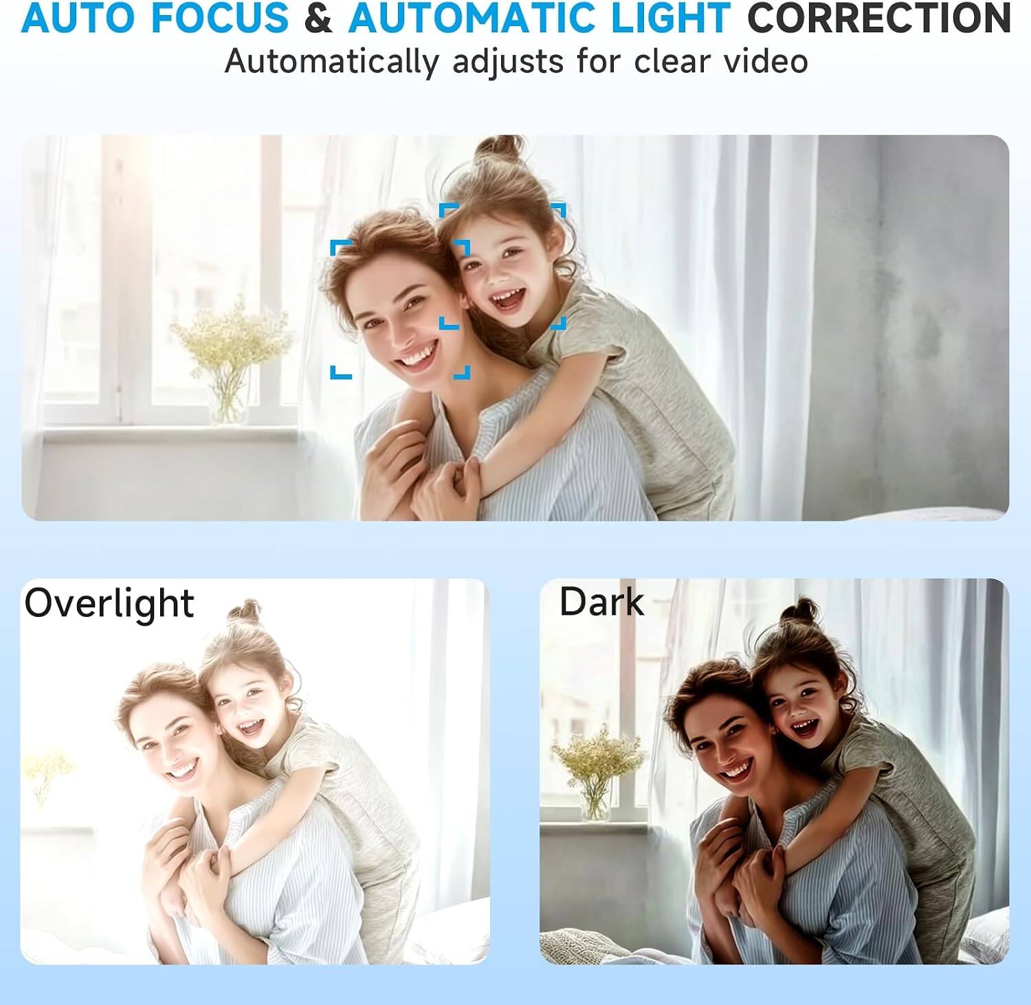 AUTO FOCUS & AUTOMATIC LIGHT CORRECTION  
Automatically adjusts for clear video

Overlight

Dark