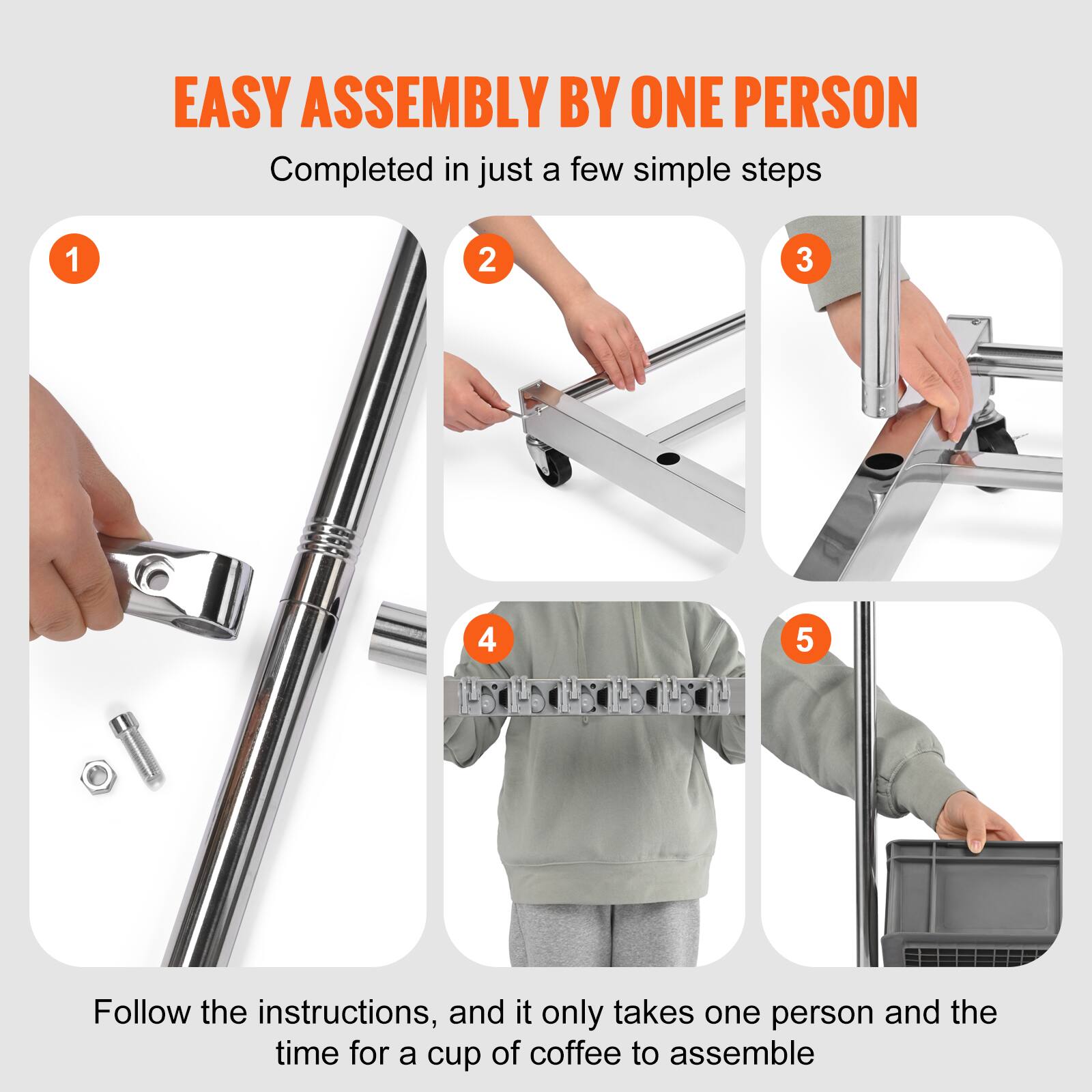 EASY ASSEMBLY BY ONE PERSON

Completed in just a few simple steps

1. Follow the instructions, and it only takes one person and the time for a cup of coffee to assemble

2. 

3. 

4. 

5.