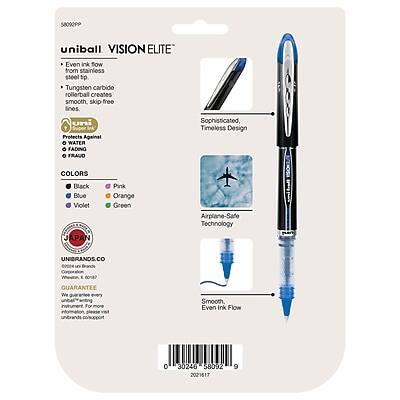 580909P uniball VISION ELITE  
- from stainless steel tip  
- Tungsten carbide rollerball creates smooth, skip-free lines  
- Even ink flow  
- Protects Against WATER, FADING, FRAUD  
- Sophisticated, Timeless Design  
- COLORS: Black, Blue, Violet, Pink, Orange, Green  
- Airplane-Safe Technology  
- UNIBRANDS.CO  
- We guarantee every product we sell. If you're not satisfied, return it for a full refund. For more information, visit unibrands.com/support  
- 30246 58092 2021517