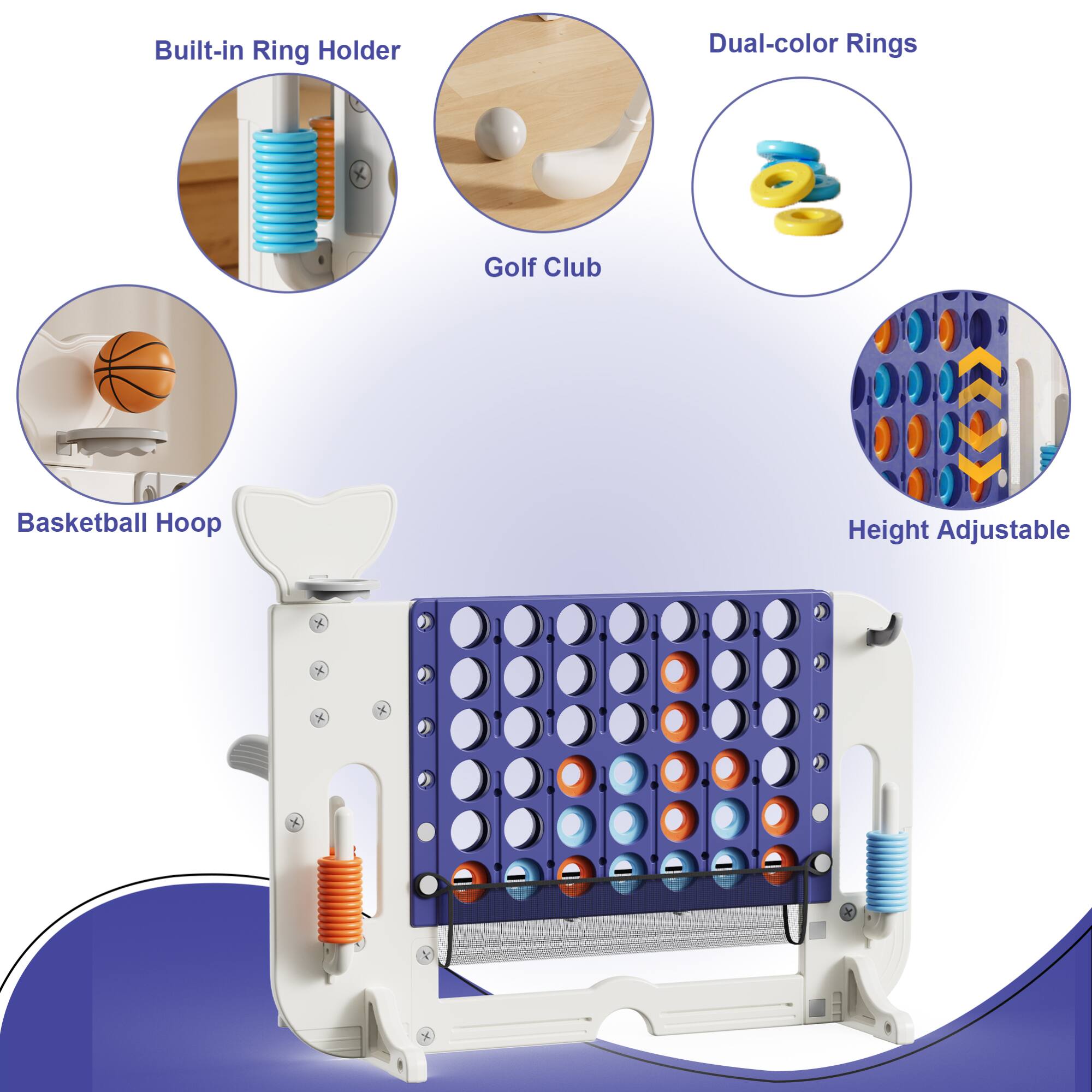 - Built-in Ring Holder
- Dual-color Rings
- Golf Club
- Basketball Hoop
- Height Adjustable