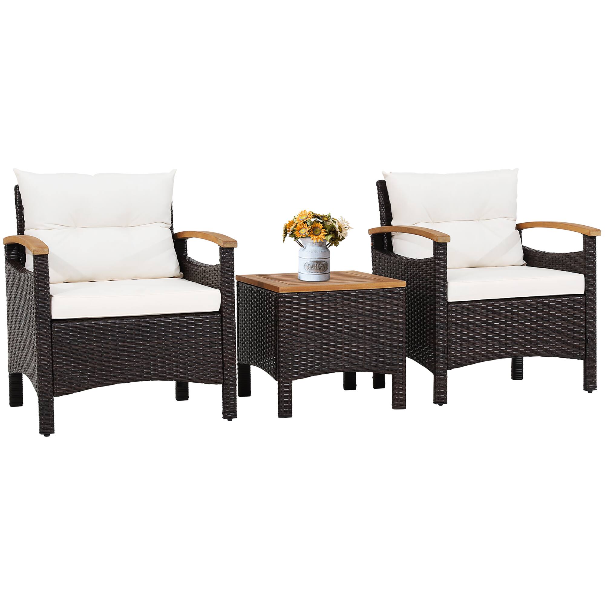 Alt View 1. Gymax - Gymax 3PCS Patio PE Rattan Conversation Furniture Set Bistro Set Acacia Wood Tabletop - Off White.