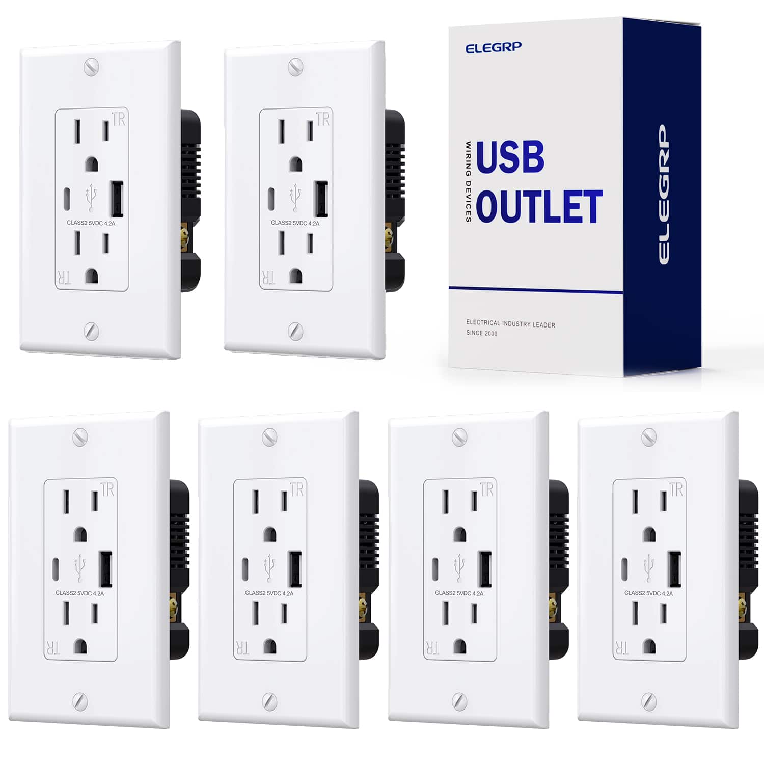 ELEGRP - USB Outlet Receptacle, 15A Outlet with USB C and USB A, 21W Duplex TR Wall Outlet, w/Wall Plate, UL Listed - White