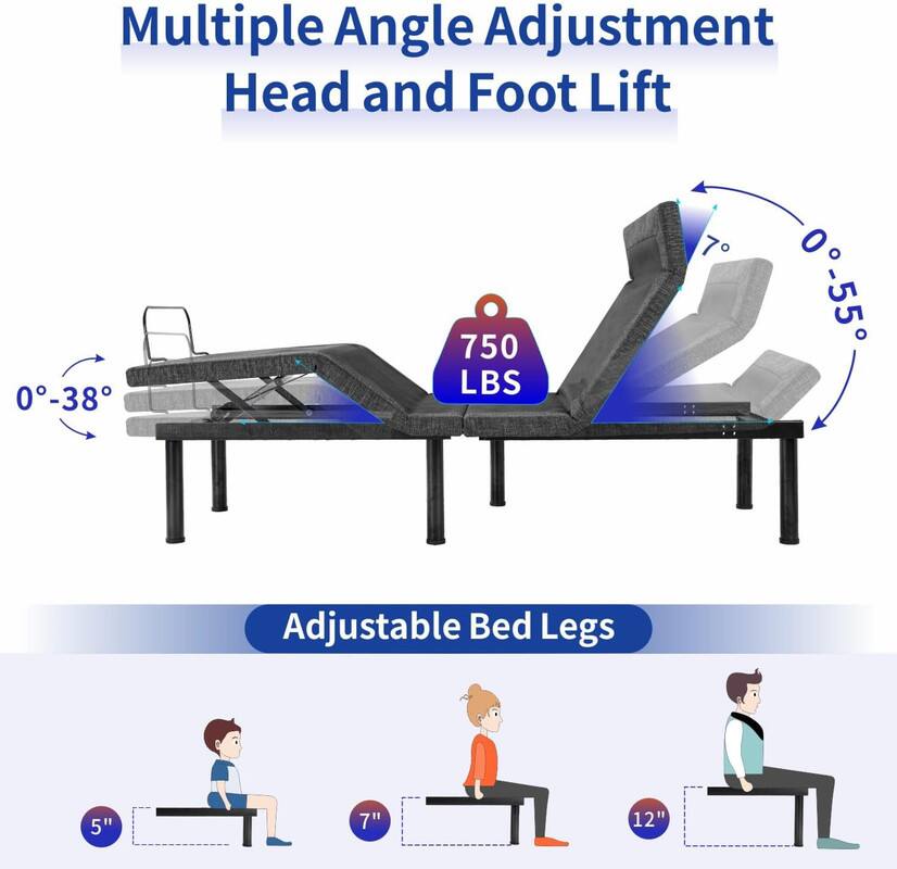 Multiple Angle Adjustment Head and Foot Lift 0-38 0-55 750 LBS, Adjustable Bed Legs 5" 7" 12"