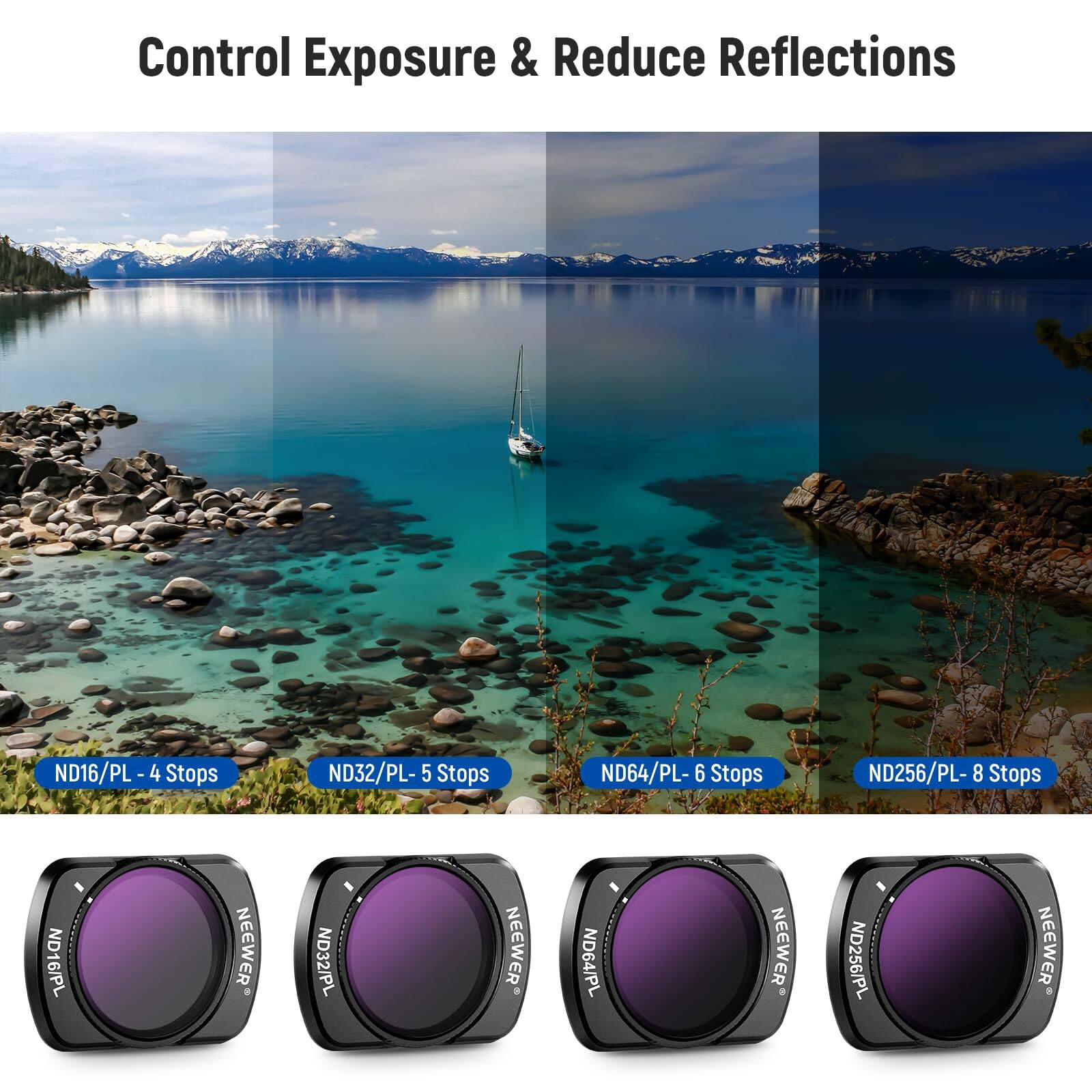 Control Exposure & Reduce Reflections

ND16/PL - 4 Stops  
ND32/PL - 5 Stops  
ND64/PL - 6 Stops  
ND256/PL - 8 Stops  

NEEWER ND16/PL  
NEEWER ND32/PL  
NEEWER ND64/PL  
NEEWER ND256/PL