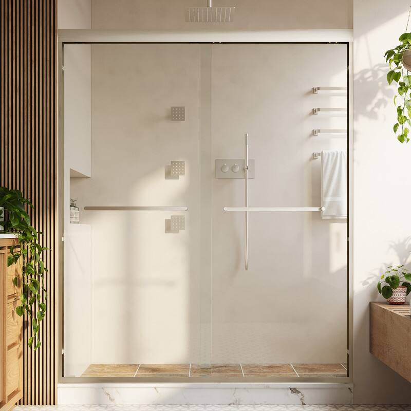 Alt View 8. WELLFOR - 56-60 in W x 72 in H Framed Shower Door with Double Sliding & Stainless Steel Towel Bar Handle, 1/4" Tempered Glass - Brushed Nickel.