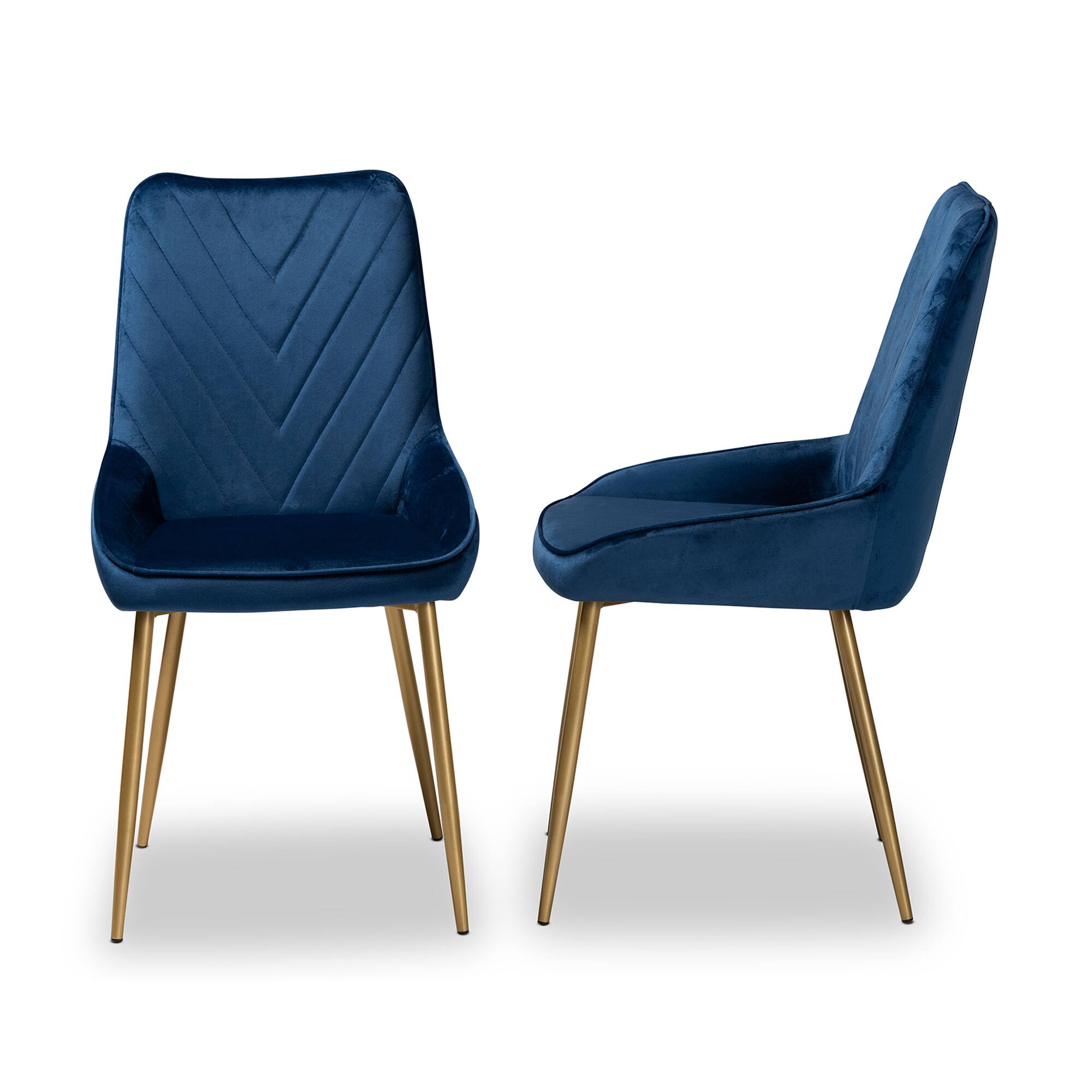 Left. Baxton Studio - Priscilla Glam Velvet Fabric Upholstered and Gold Finished Metal 2-Piece Dining Chair Set - Navy Blue/Gold.