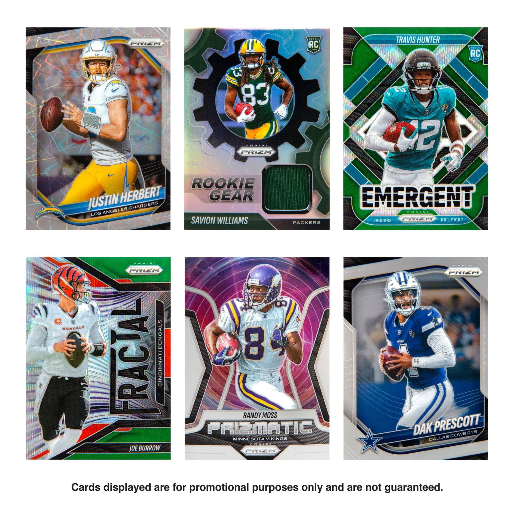 PRIEM | RC TRAVIS HUNTER RC C 83 | PRIEM 2 2 ROOKIE JUSTIN HERBERT GEAR CHARGERS LOS ANGELES SAVION WILLIAMS EMERGENT SOEINI PRIEM RDI PICK 1 JRGUARS PACKERS | PRIEM ENGALS FRACTAL CINCINNATI JOE BURROW 8 RANDY MOSS PAIZMATIC MINNESOTA VIRINOS PRIEM CORIES FRIEH D- DAK PRESCOTT DALLAS COWBOYS

Cards displayed are for promotional purposes only and are not guaranteed.