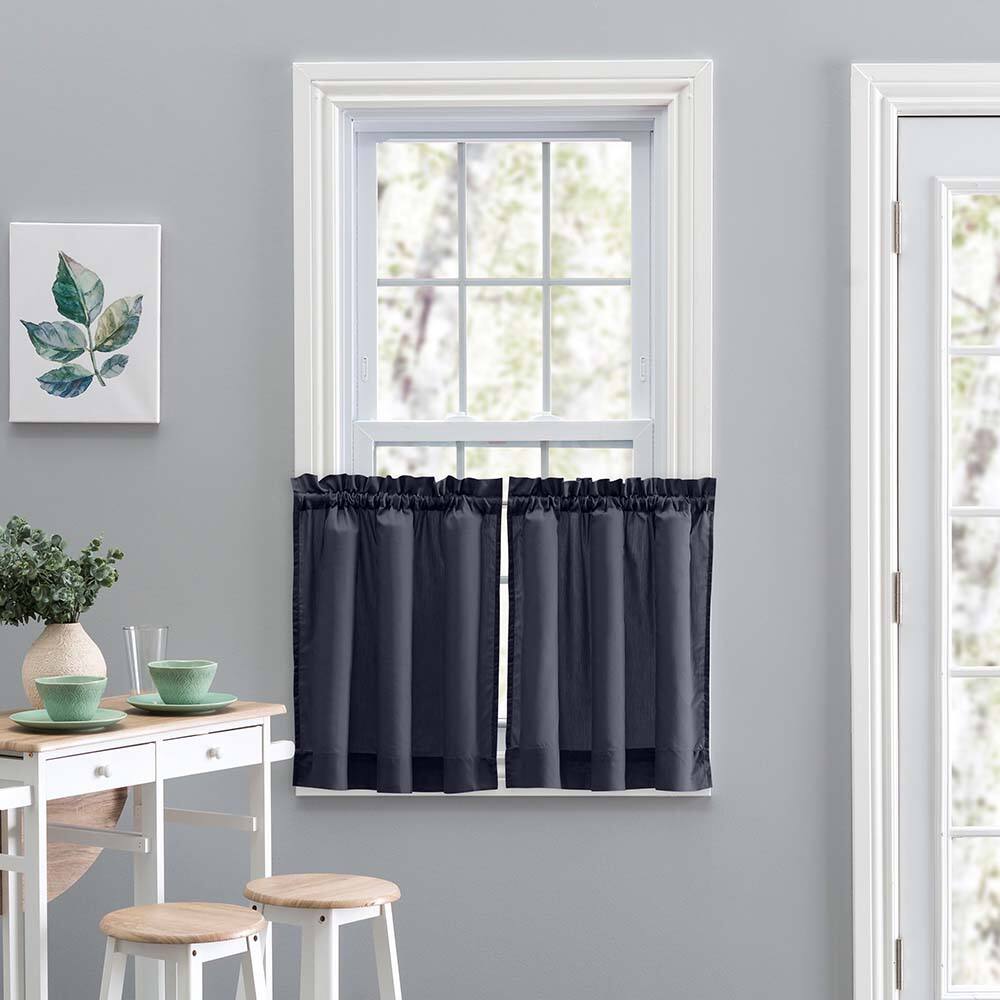 Angle. Ellis Curtain - Ellis Stacey 1.5" Rod Pocket High Quality Fabric Solid Color Window Tailored Tier Pair 56"x36" Navy - Navy.