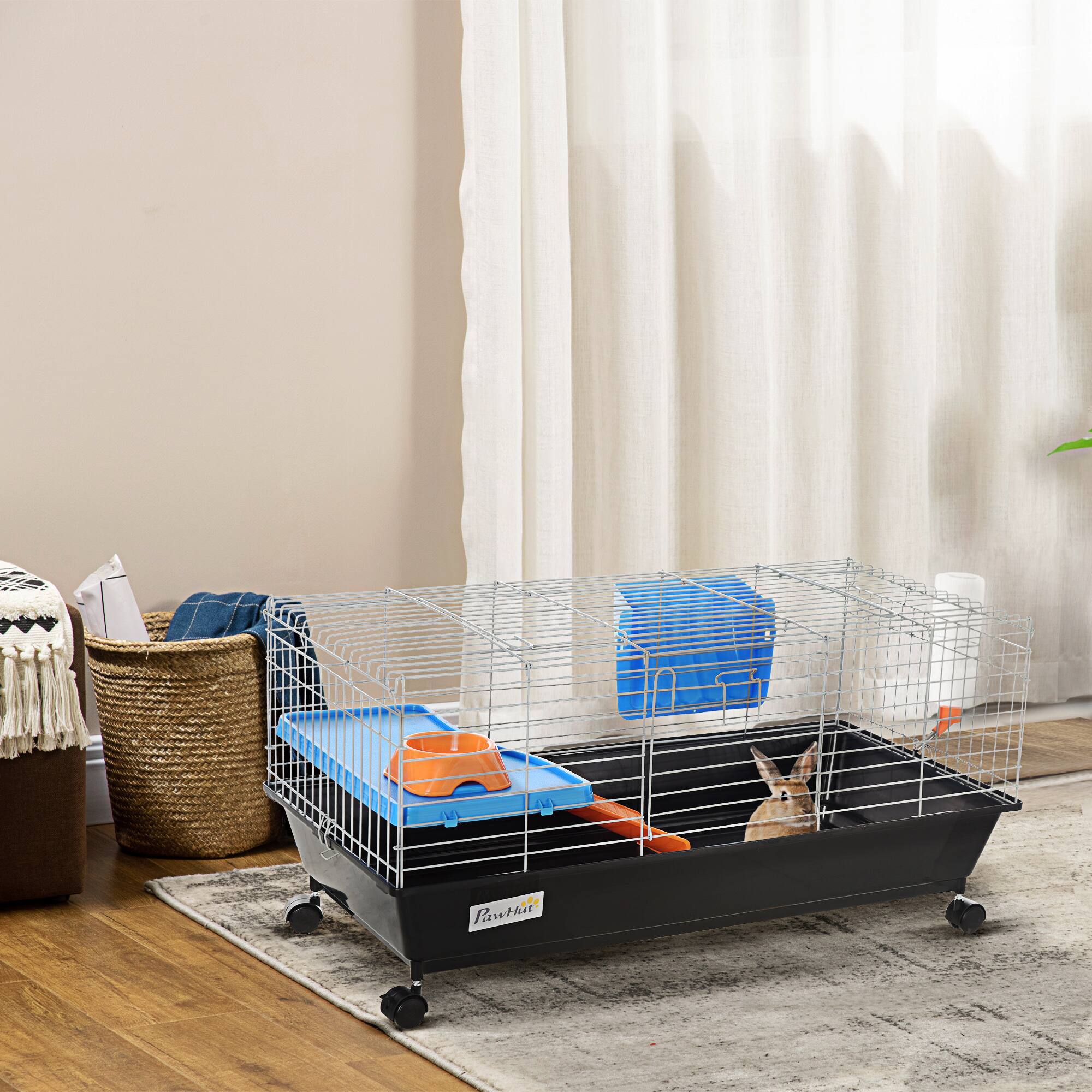 Angle. Pawhut - 35"L Small Animal Cage, Rolling Bunny Cage, Food Dish, Water Bottle, Hay Feeder, Platform, Ramp, Chinchilla.