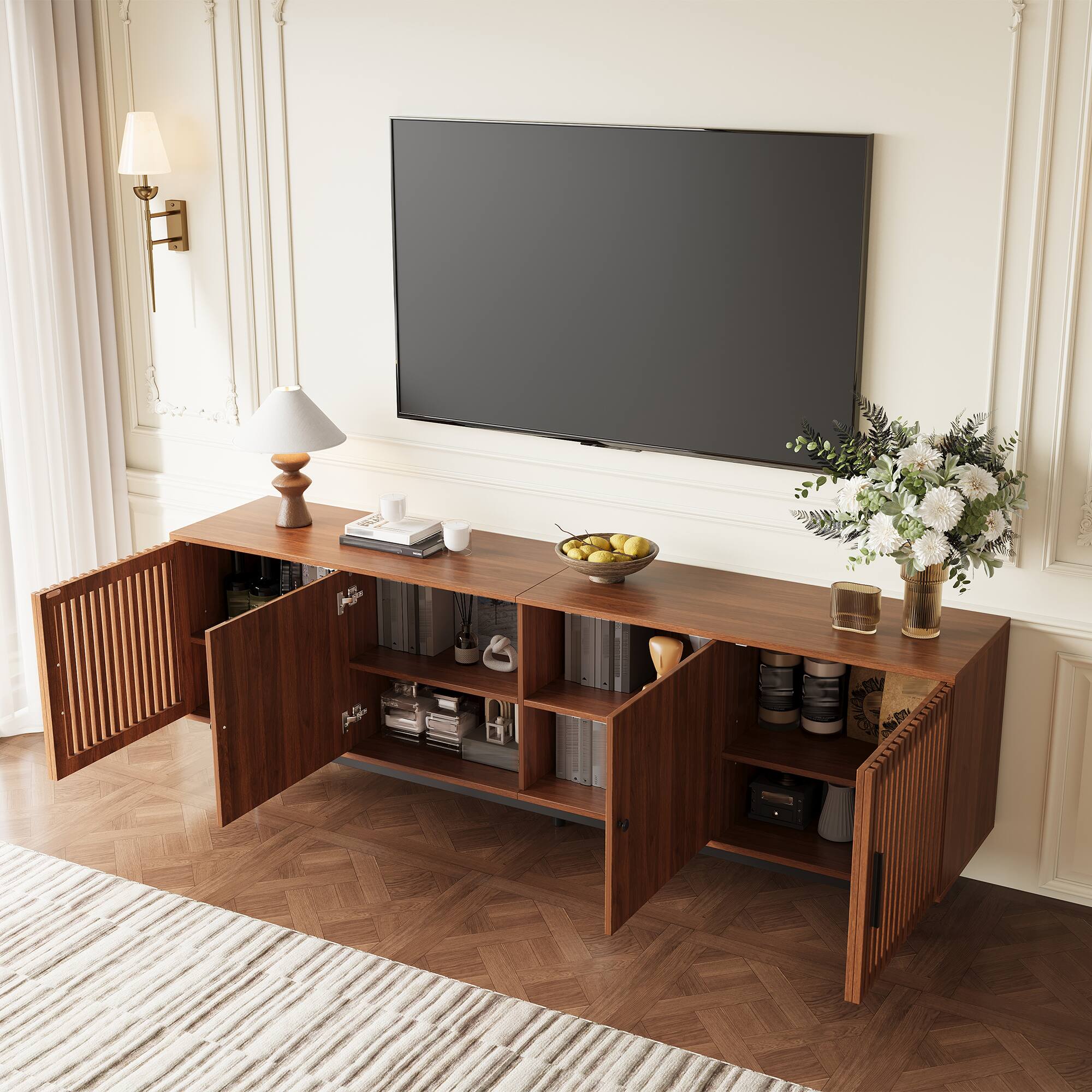Angle. MERAVOM - Mid-Century Modern TV Stand for TVs Up to 85", Entertainment Center with 4 Doors, Adjustable Shelves for Living Room - Walnut.