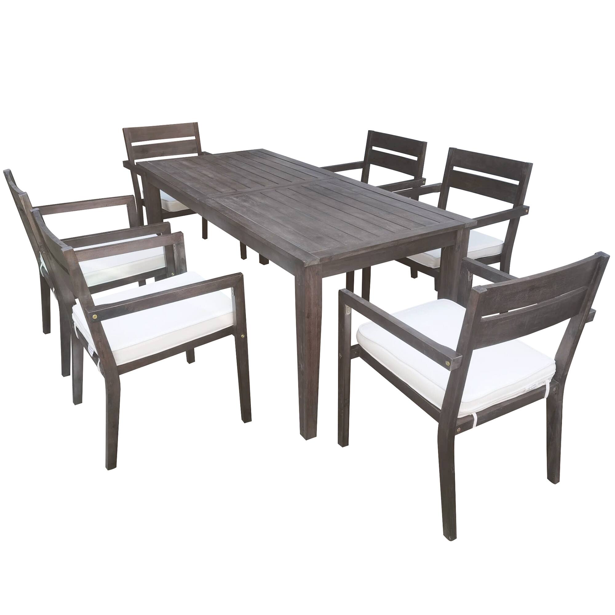 Left. Mondawe - 7 Pieces Acacia Wood Outdoor Dining Set with Cushions - Brown+Beige.