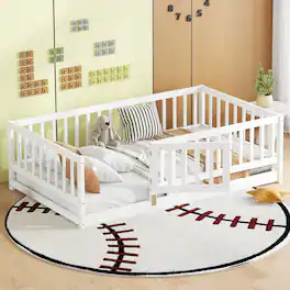GOODSILO - Twin Size Montessori Floor Bed with Fence and Door, Wood Bed Frame for Kids, Boys & Girls - White