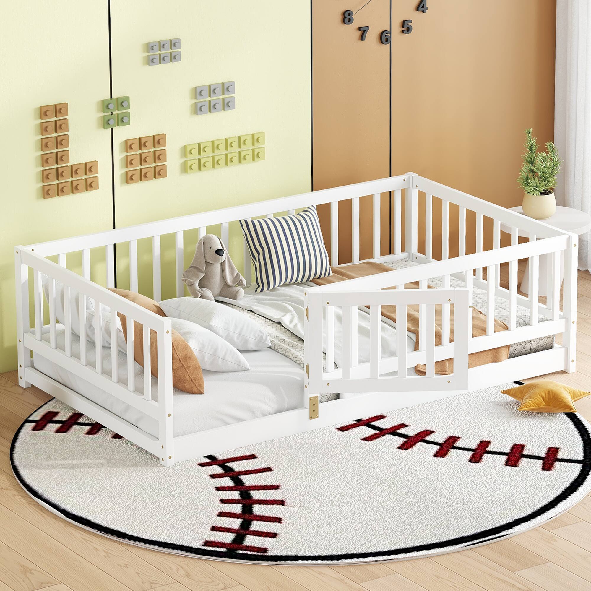 GOODSILO - Twin Size Montessori Floor Bed with Fence and Door, Wood Bed Frame for Kids, Boys & Girls - White