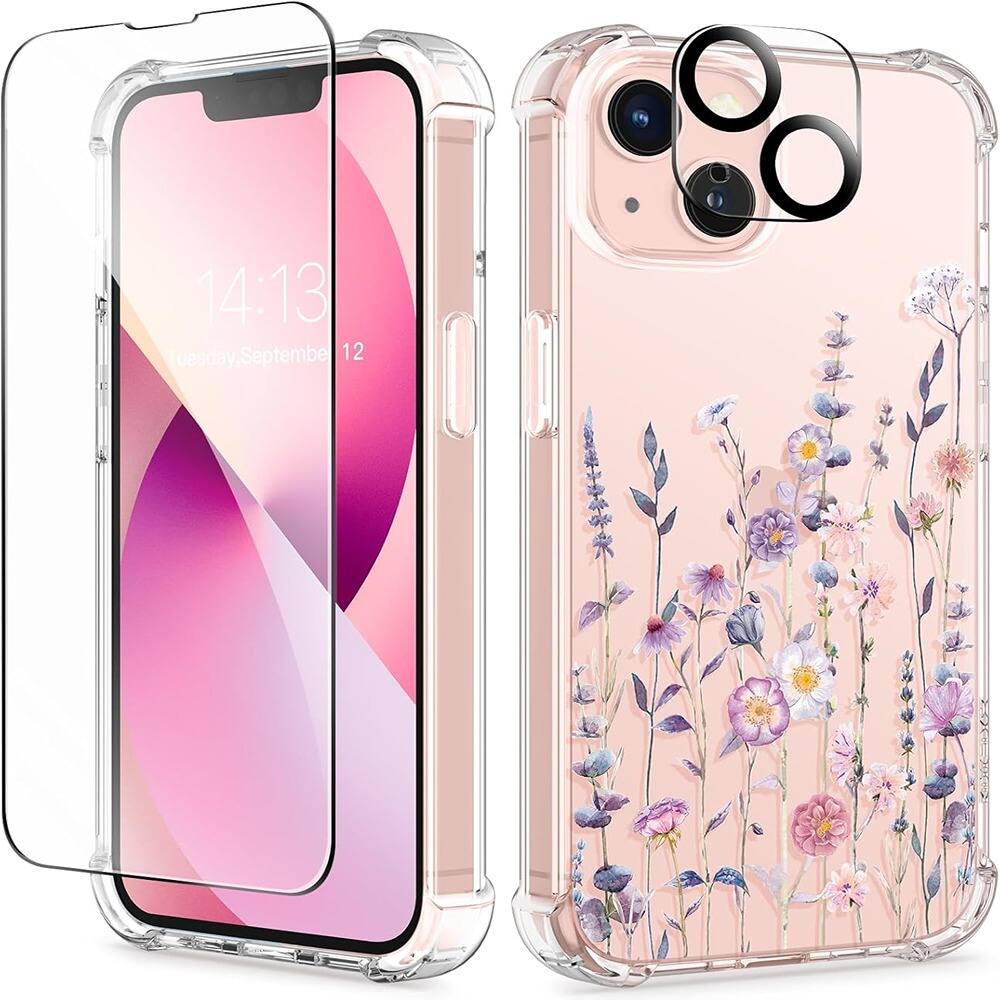 ACJPR - iPhone 13 Case 6.1" with Tempered Glass & Camera Protector, Floral Clear - Color: A-Floratopia/Colorful Size: For iphone 13 C