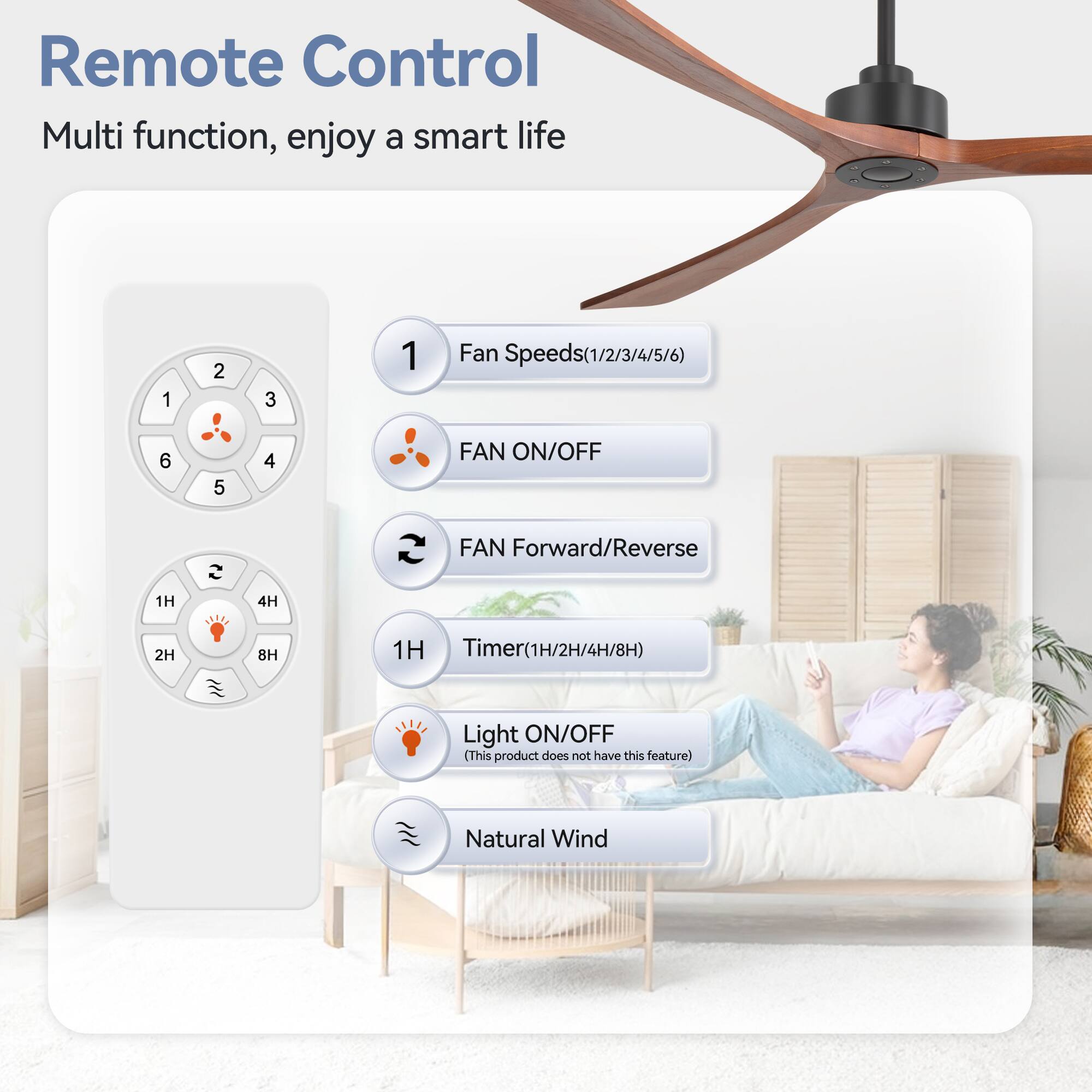 Remote Control
Multi function, enjoy a smart life
1 2 3 1 Fan Speeds(1/2/3/4/5/6)
6 5 4 FAN ON/OFF
FAN Forward/Reverse
1H 4H 2H 8H
1H Timer(1H/2H/4H/8H)
Light ON/OFF (This product does not have this feature)
Natural Wind