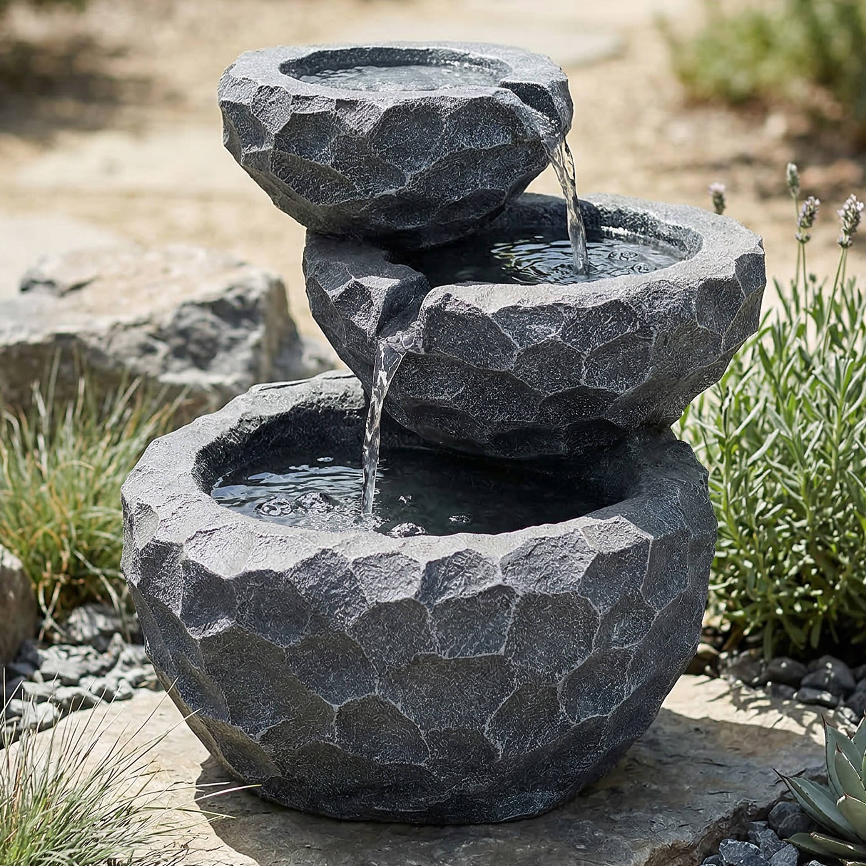 Alt View 7. Sunnydaze - 3-Tier Chiseled Basin Solar Water Fountain with Battery - 17 in - Grey.
