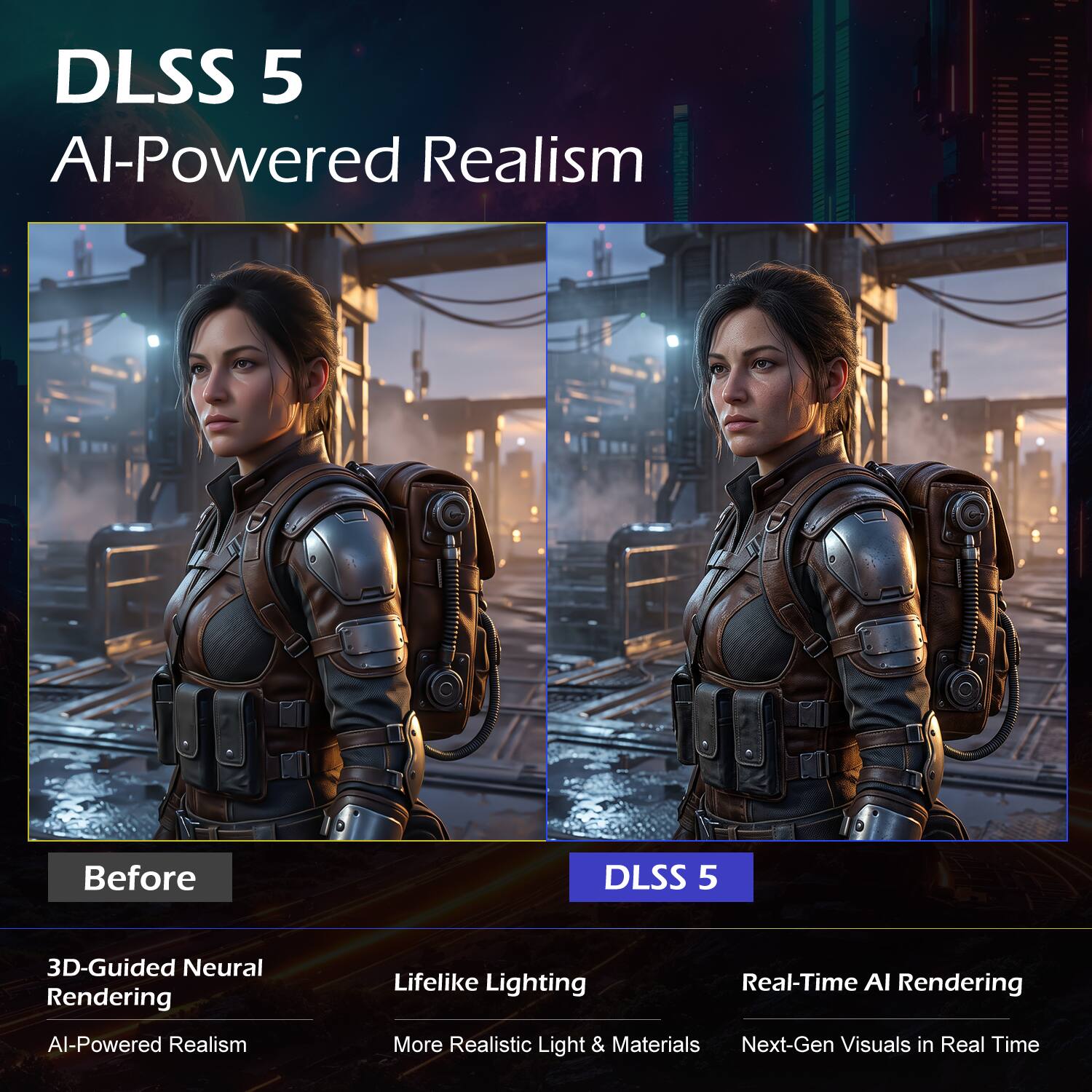 DLSS 5  
AI-Powered Realism

Before  
DLSS 5

3D-Guided Neural Rendering  
AI-Powered Realism

Lifelike Lighting  
More Realistic Light & Materials

Real-Time AI Rendering  
Next-Gen Visuals in Real Time