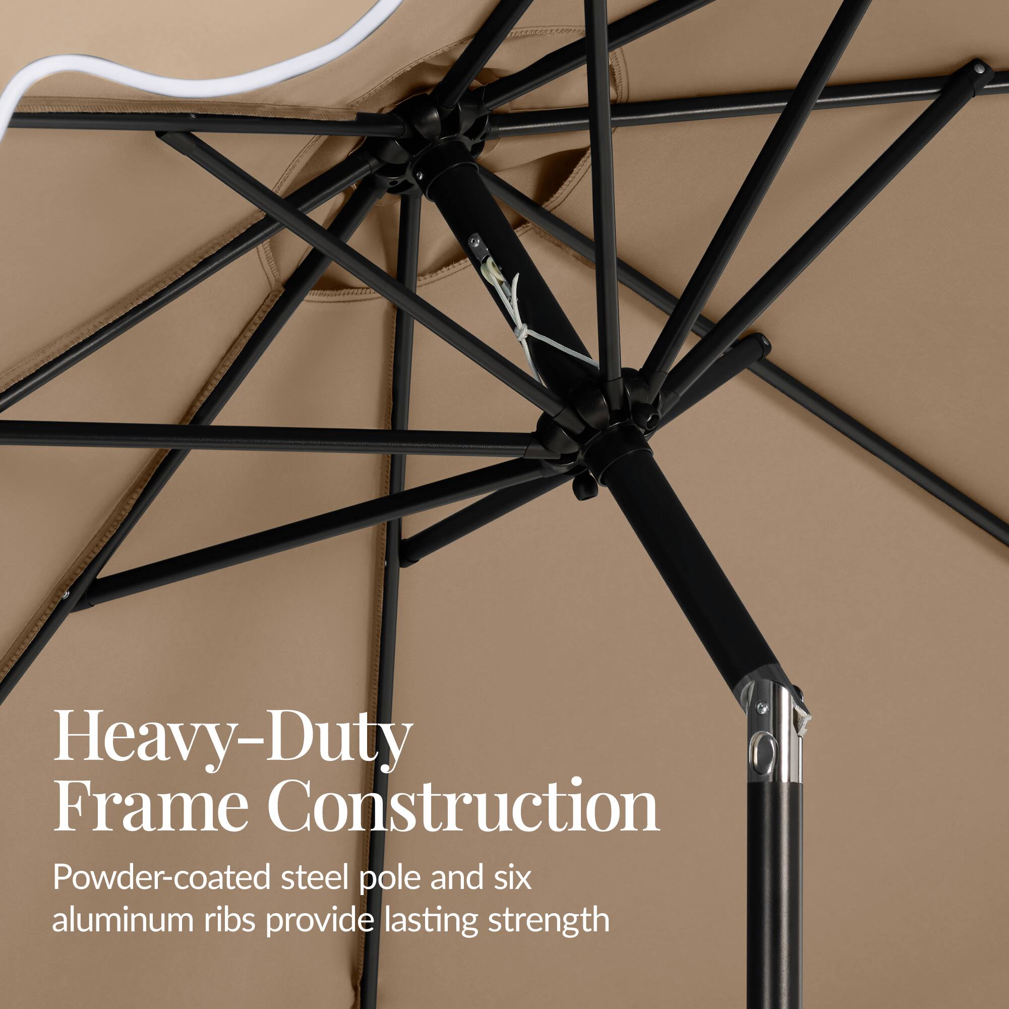 Heavy-Duty Frame Construction  
Powder-coated steel pole and six aluminum ribs provide lasting strength