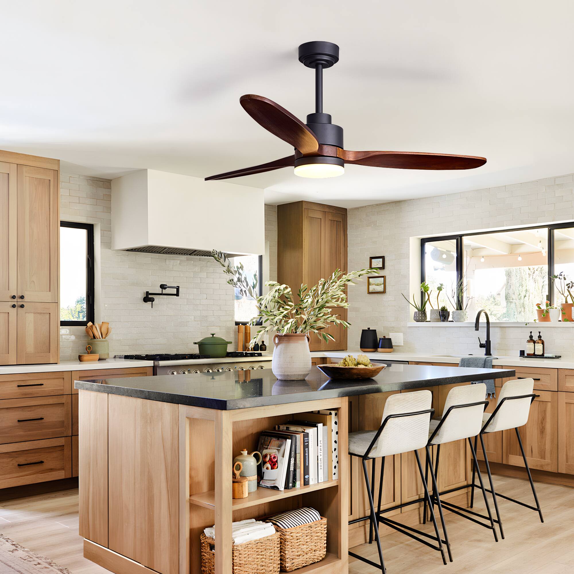 Back. Siljoy - 52 Inch Modern Ceiling Fan Light with Solid Wood Blades Adjustable Downrod Suitable for Living Room Bedroom Foyer - Brown.