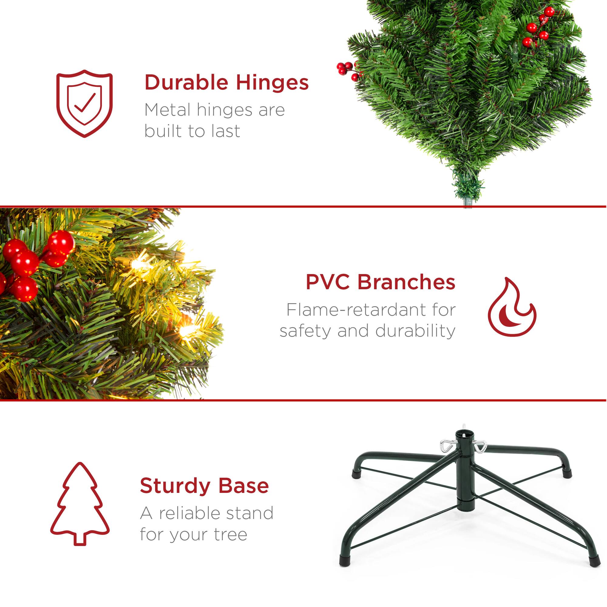 Durable Hinges: Metal hinges are built to last.  
PVC Branches: Flame-retardant for safety and durability.  
Sturdy Base: A reliable stand for your tree.