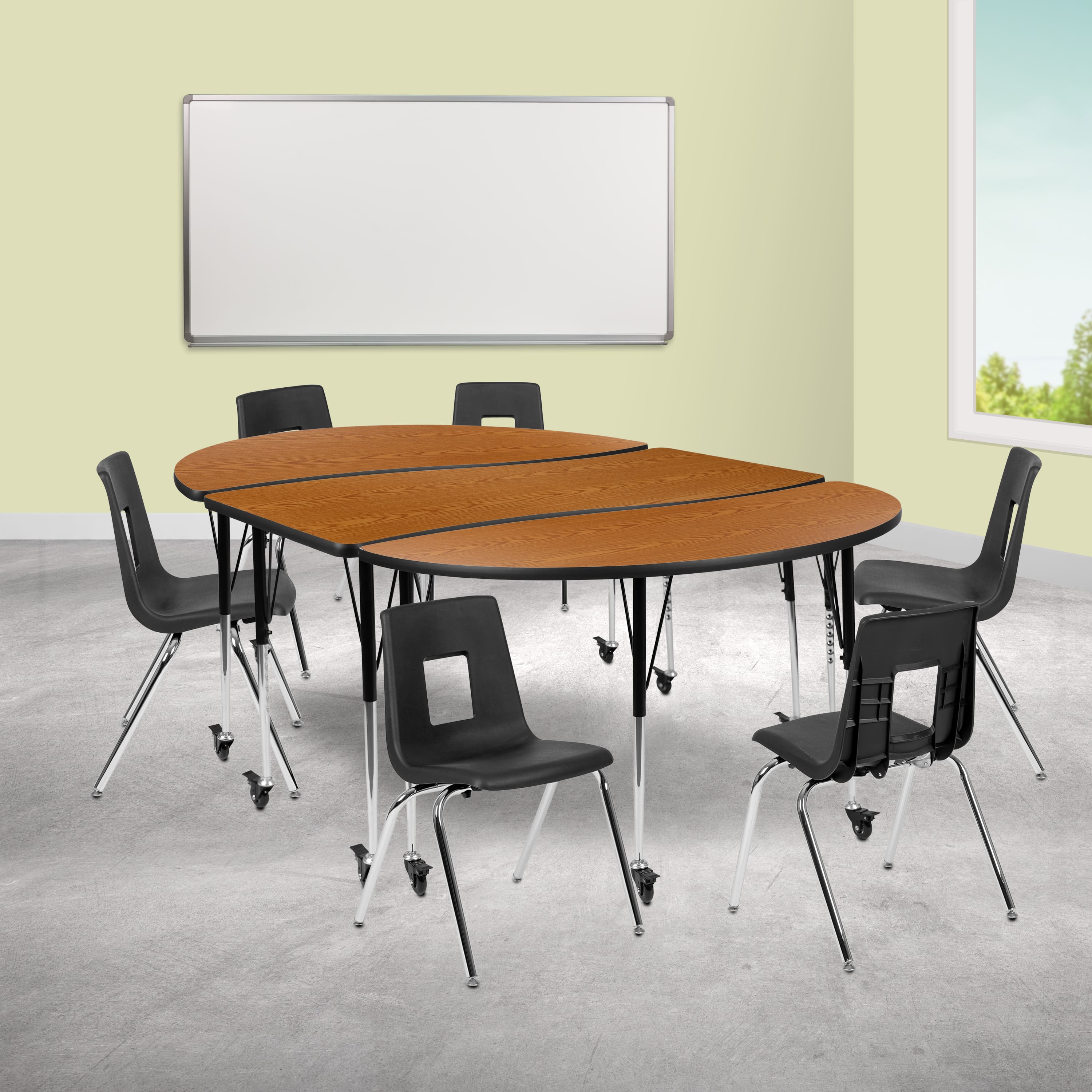 "Emma + Oliver - Mobile 86"" Oval Wave Collaborative Laminate Activity Table Set with 18"" Student Stack Chairs, Grey/Black - Oak" price history on PriceWatchPro