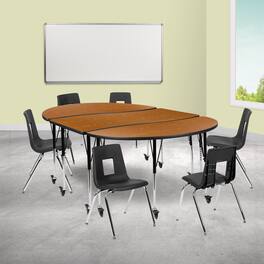 Emma + Oliver - Mobile 86" Oval Wave Collaborative Laminate Activity Table Set with 18" Student Stack Chairs, Grey/Black - Oak