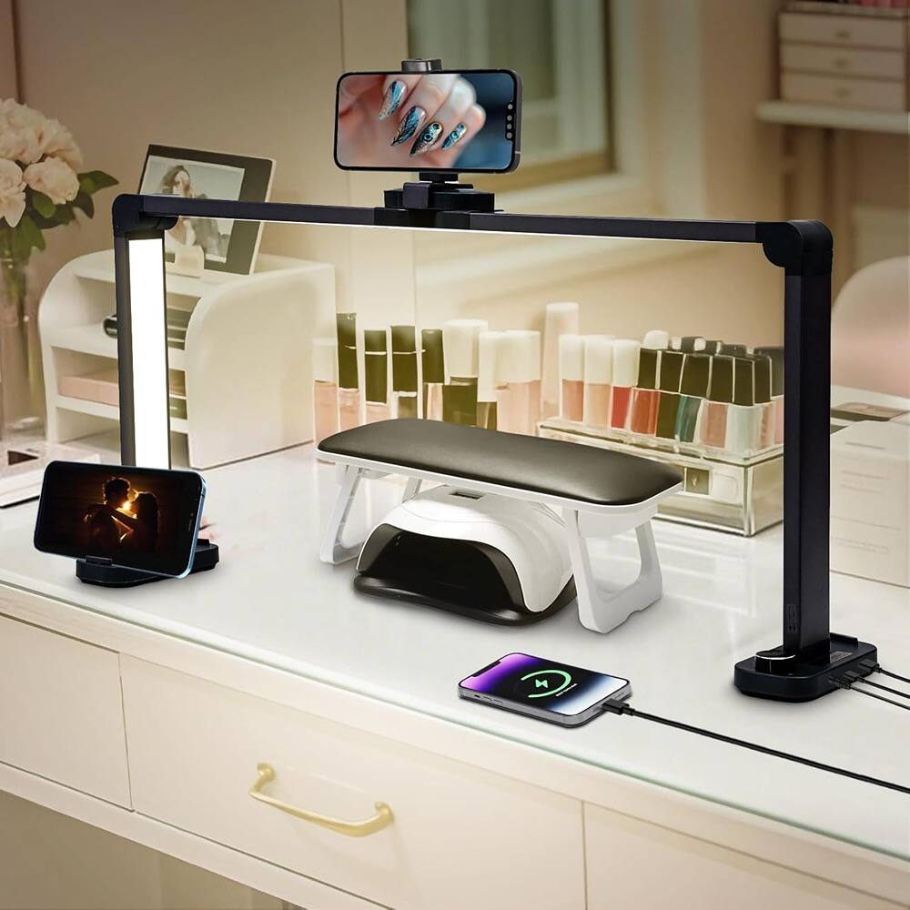 Front. MOSZAR LLC - 33.5" Foldable Half Moon Nail Desk Lamp, Phone Holder, Black, Manicure Light.