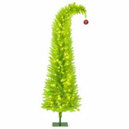 RYHNUYNE - 6FT Pre-Lit Whimsical Pencil Christmas Tree With 230 LED Lights and Red Balls, Metal Base - Green