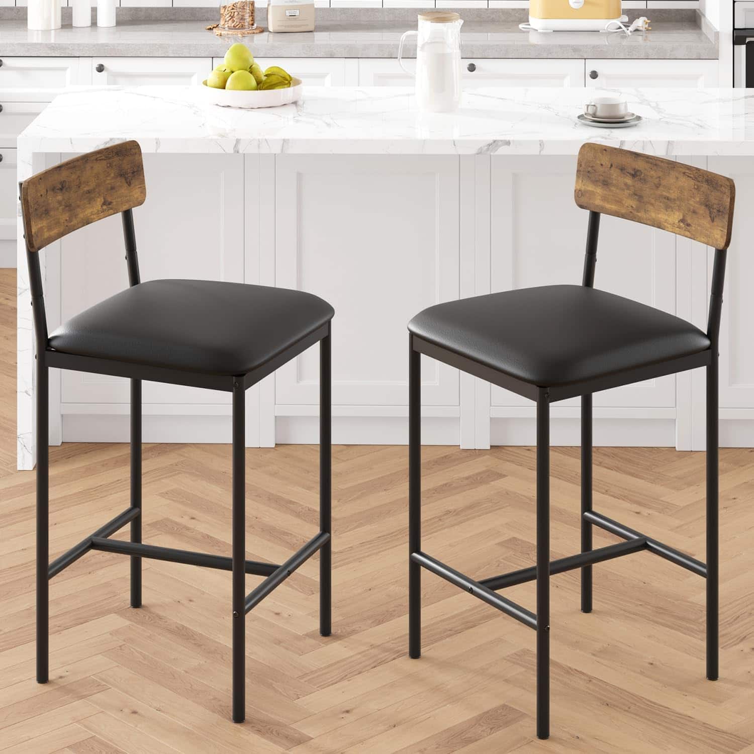 GARVEE - Farmhouse Bar Stool Set of 2, PU Leather Upholstered Bar Chairs with Back & Metal Frame, Brown - Gray