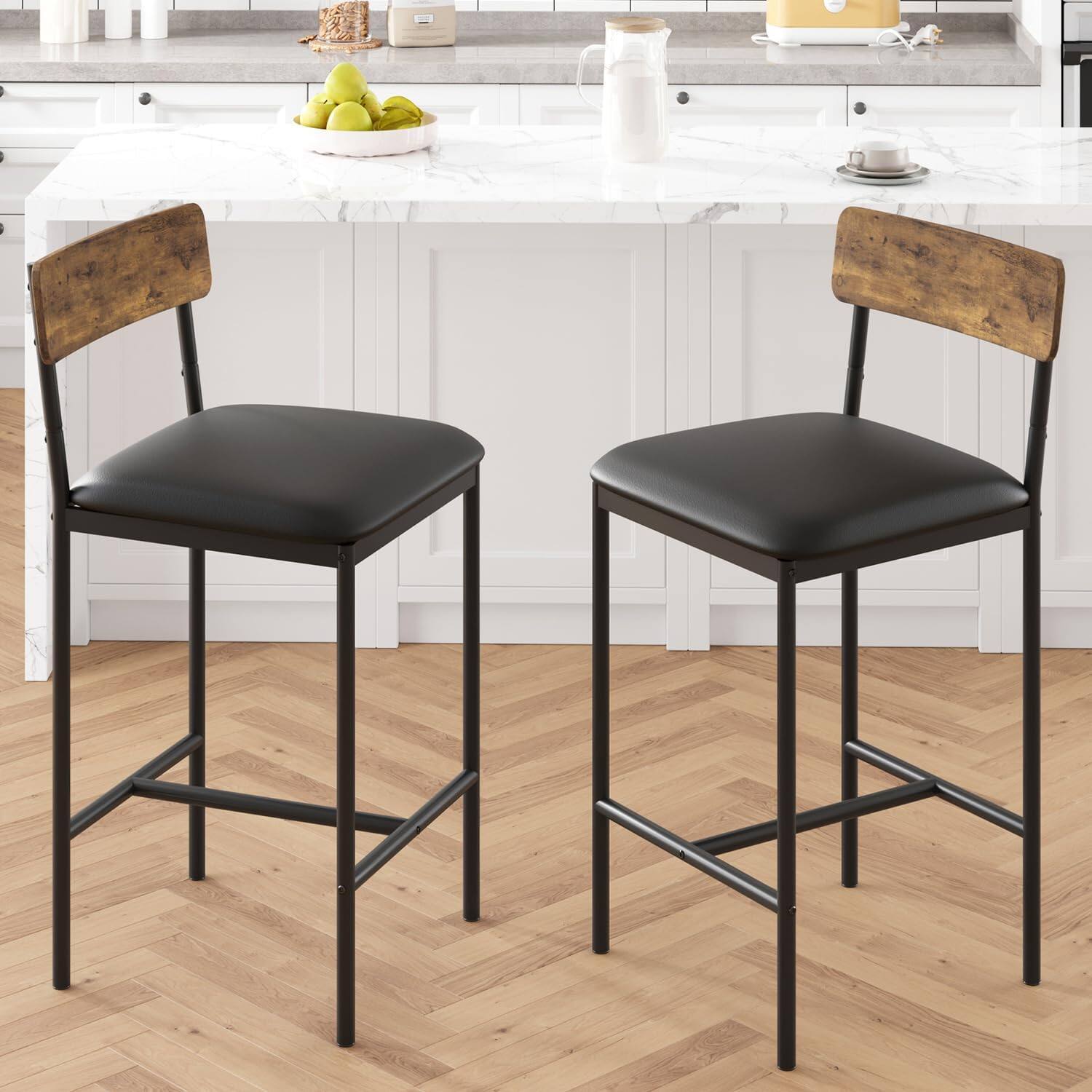 Front. GARVEE - Farmhouse Bar Stool Set of 2, PU Leather Upholstered Bar Chairs with Back & Metal Frame, Brown - Grey.