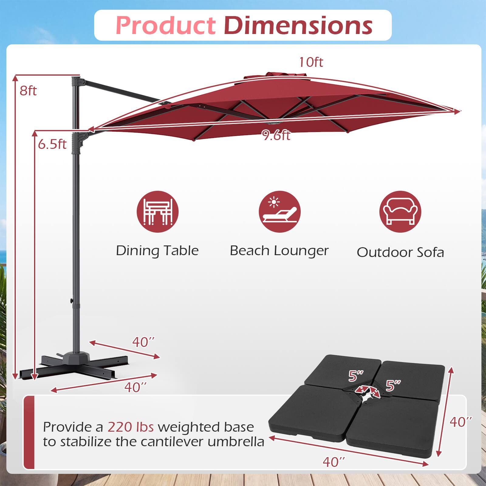 Product Dimensions

- 10ft
- 8ft
- 6.5ft
- 9.6ft

Dining Table
Beach Lounger
Outdoor Sofa

40" x 40" x 5"

Provide a 220 lbs weighted base to stabilize the cantilever umbrella