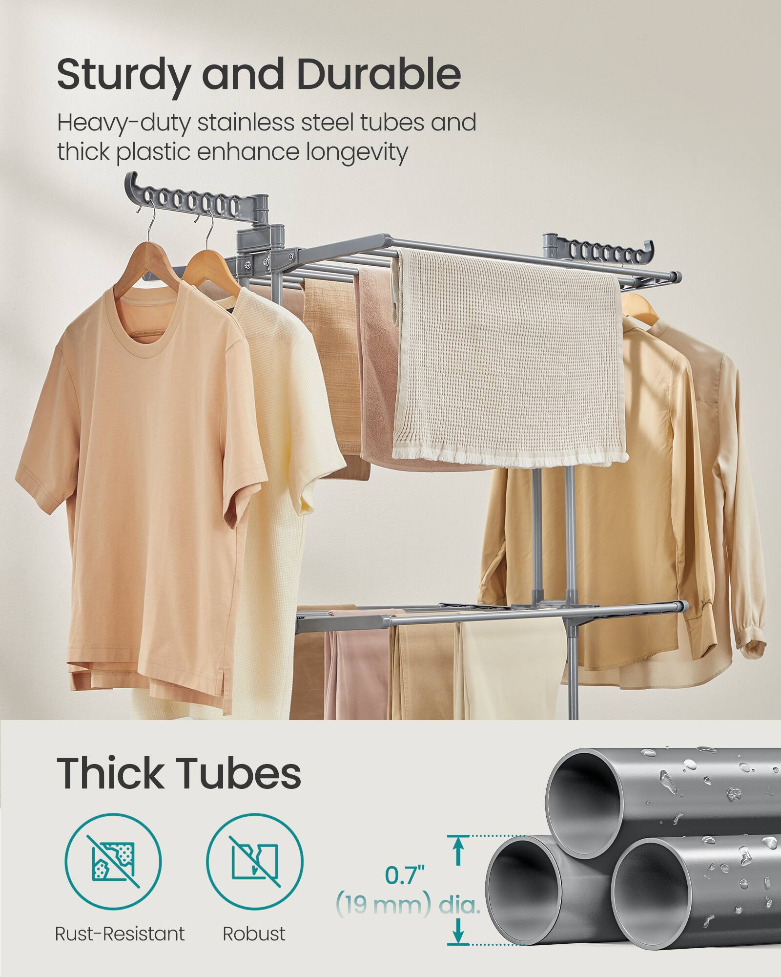 Sturdy and Durable  
Heavy-duty stainless steel tubes and thick plastic enhance longevity  

Thick Tubes  
Rust-Resistant  
Robust  
0.7" (19 mm) dia.