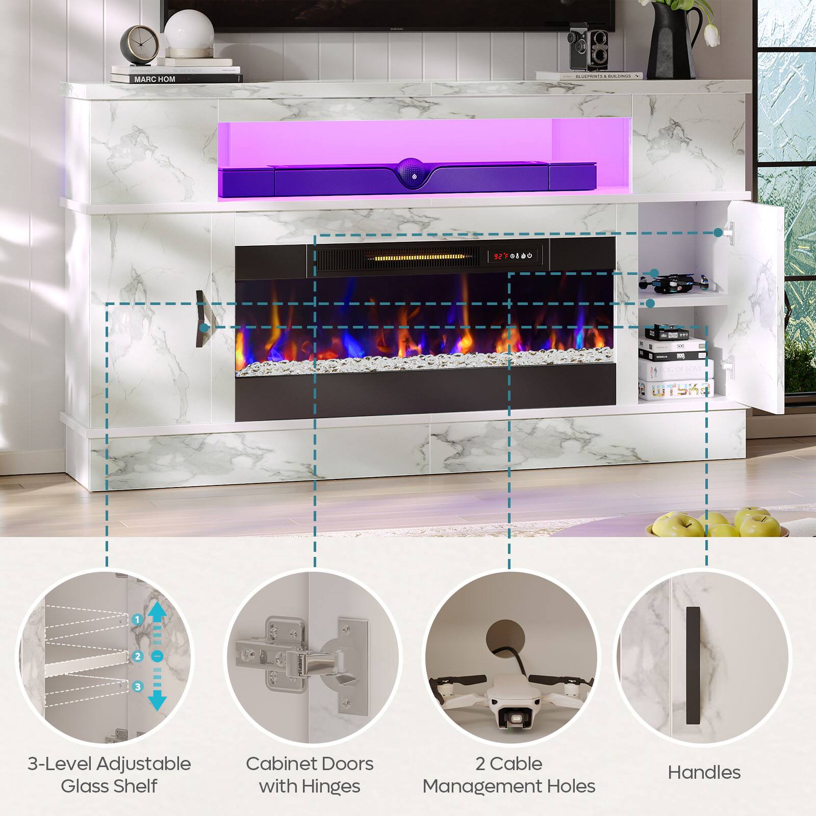 The image features a fireplace with a purple glow, and it is surrounded by a white cabinet with a television on top. The cabinet has a 3-level adjustable glass shelf, and it also has 2 cable management holes and handles. The fireplace is located in a living room, and there are two vases on display in the room. Additionally, there is a clock on the wall, and a potted plant is placed nearby.