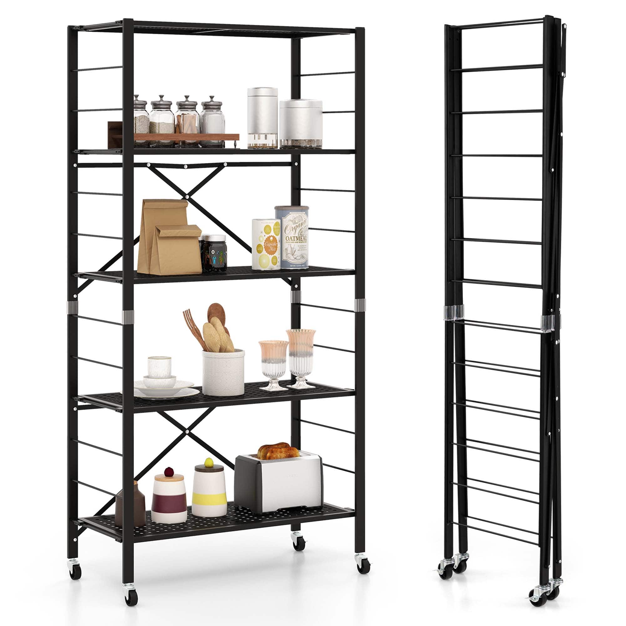 Front. Costway - Costway 5-Tier Foldable Storage Shelves Adjustable Collapsible Organizer Rack with Wheels - Black.