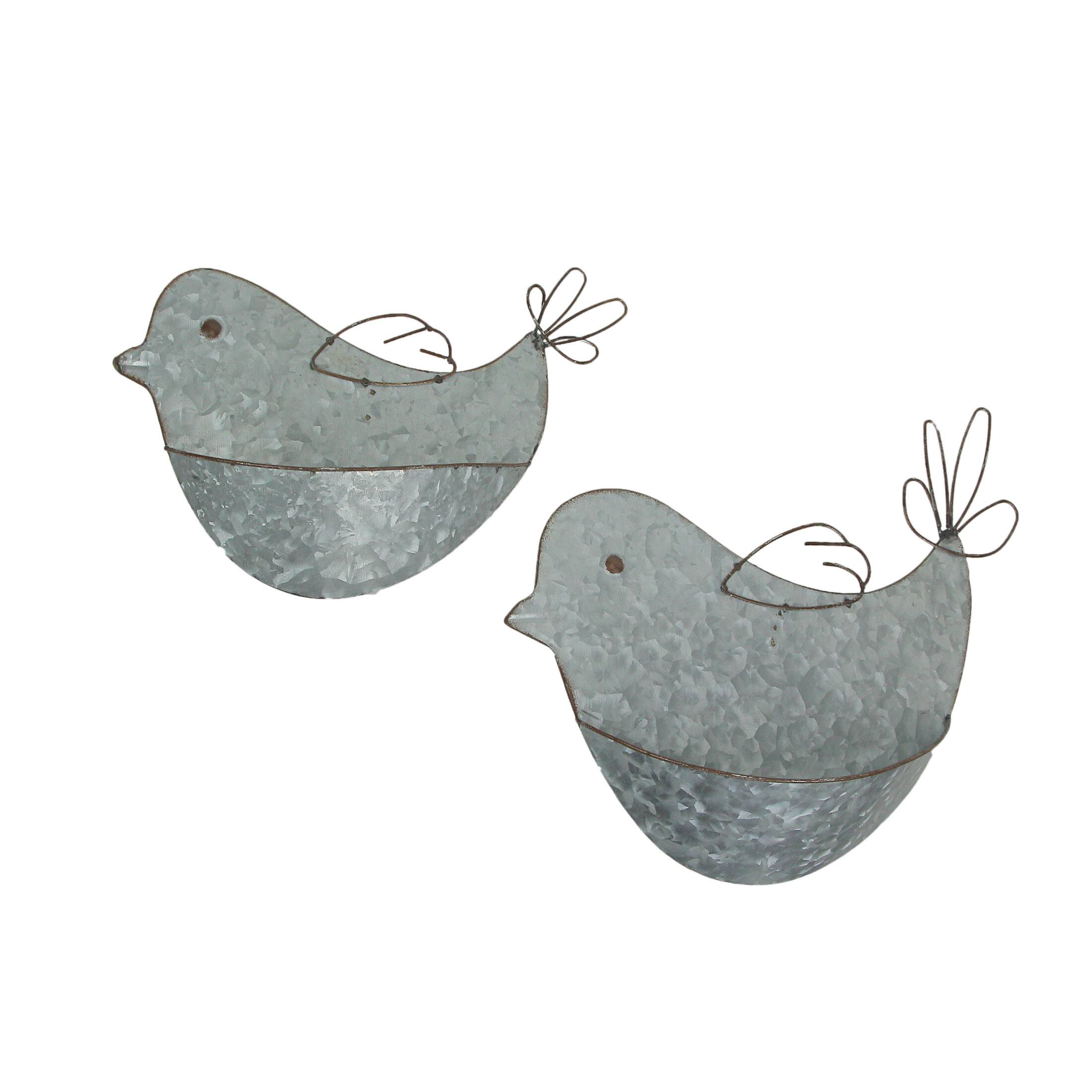 Front. Special T Imports - Set of 2 Galvanized Metal Bird Wall Pocket Planter Rustic Decorative Plant Vases - Grey.