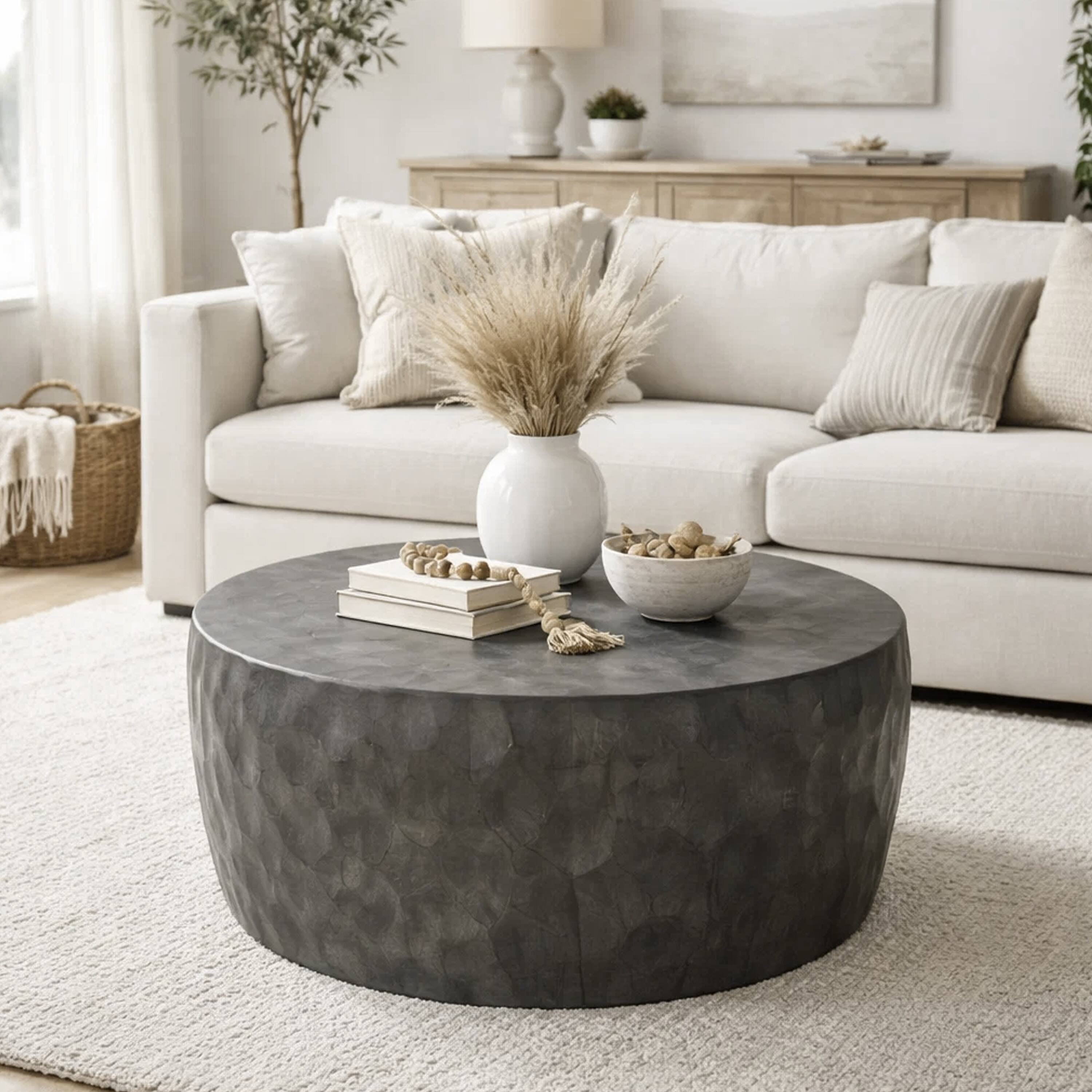 Alt View 6. Manhattan Lane - Val 34 Inch Handcrafted Mango Wood Coffee Table, Hammered Round Drum Shape, Honeycomb, - Gray.