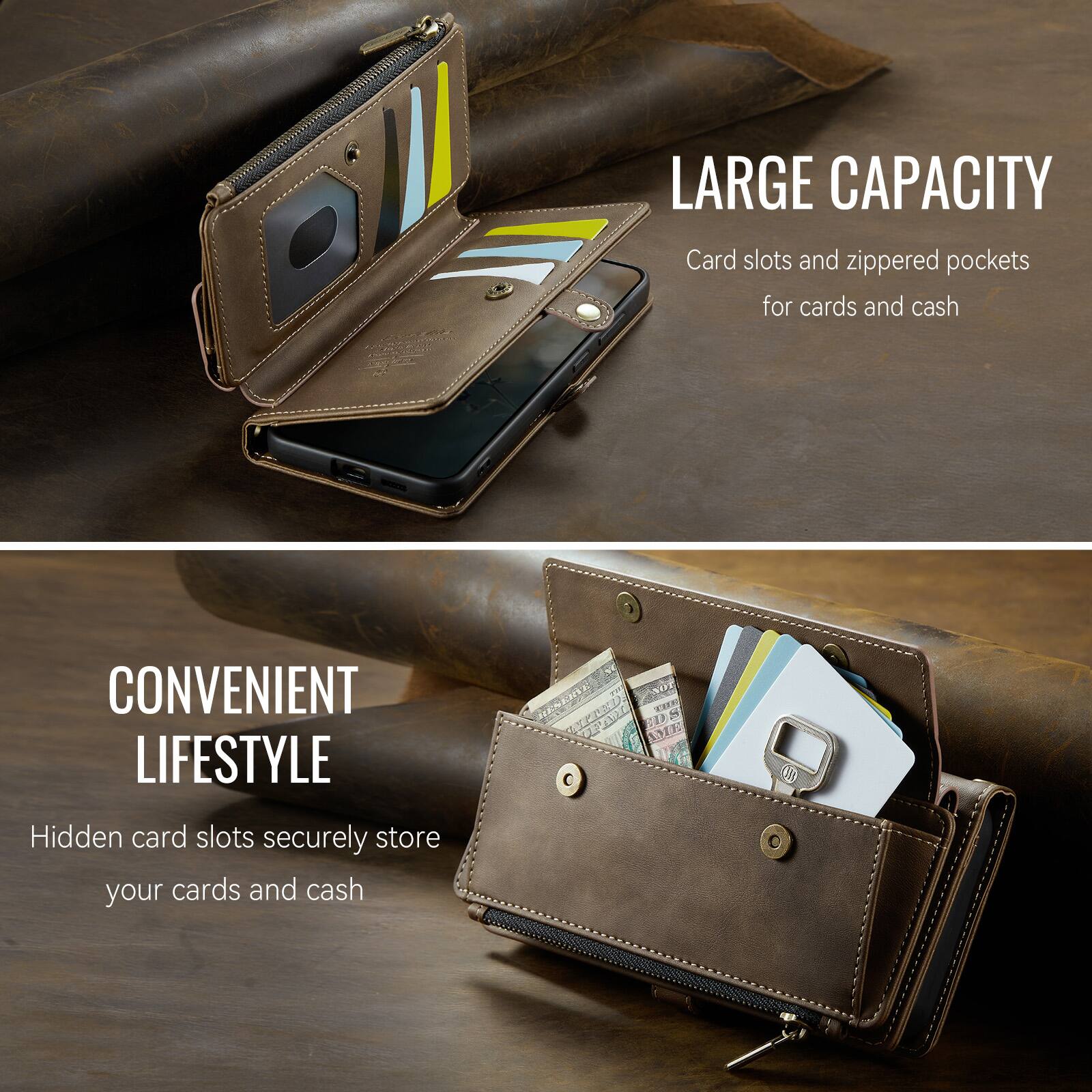 LARGE CAPACITY  
Card slots and zippered pockets for cards and cash

CONVENIENT LIFESTYLE  
Hidden card slots securely store your cards and cash