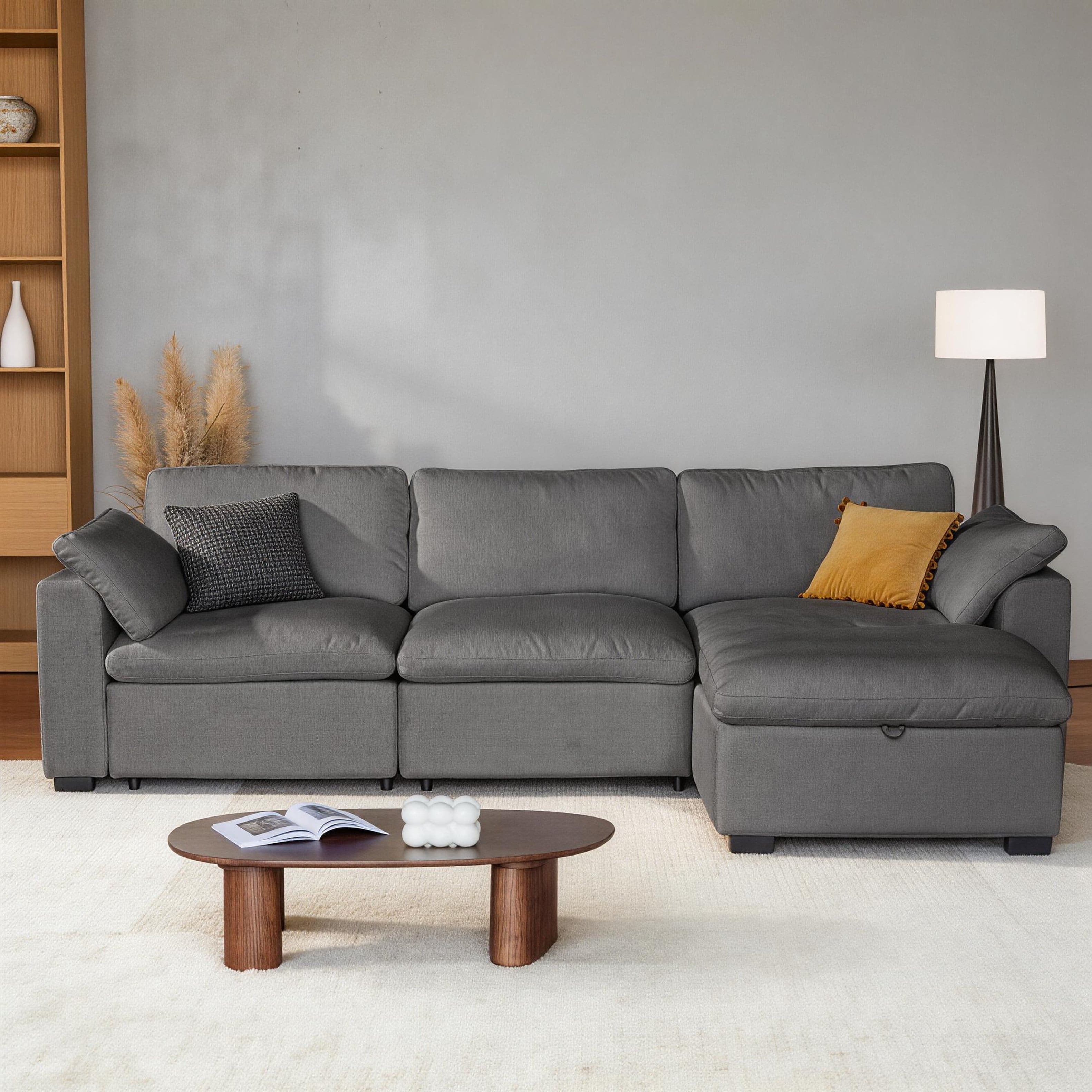 Front. Dyonery - 120" Oversized Modular Sectional Sofa, L Shaped Cloud Couch with Storage Ottoman,Solid Wood Frame, Tool Free, Gray - Gray.