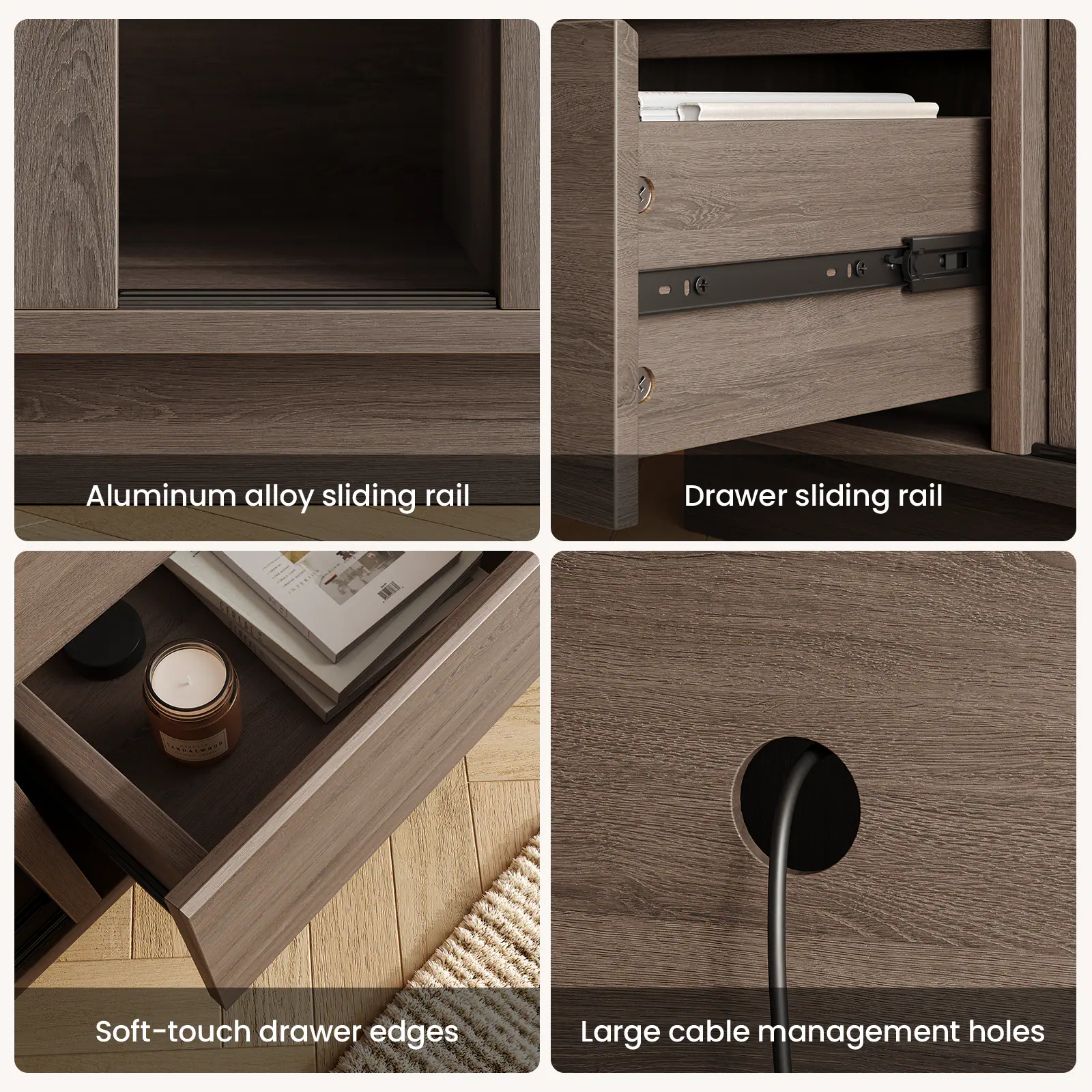 - Aluminum alloy sliding rail
- Drawer sliding rail
- Soft-touch drawer edges
- Large cable management holes