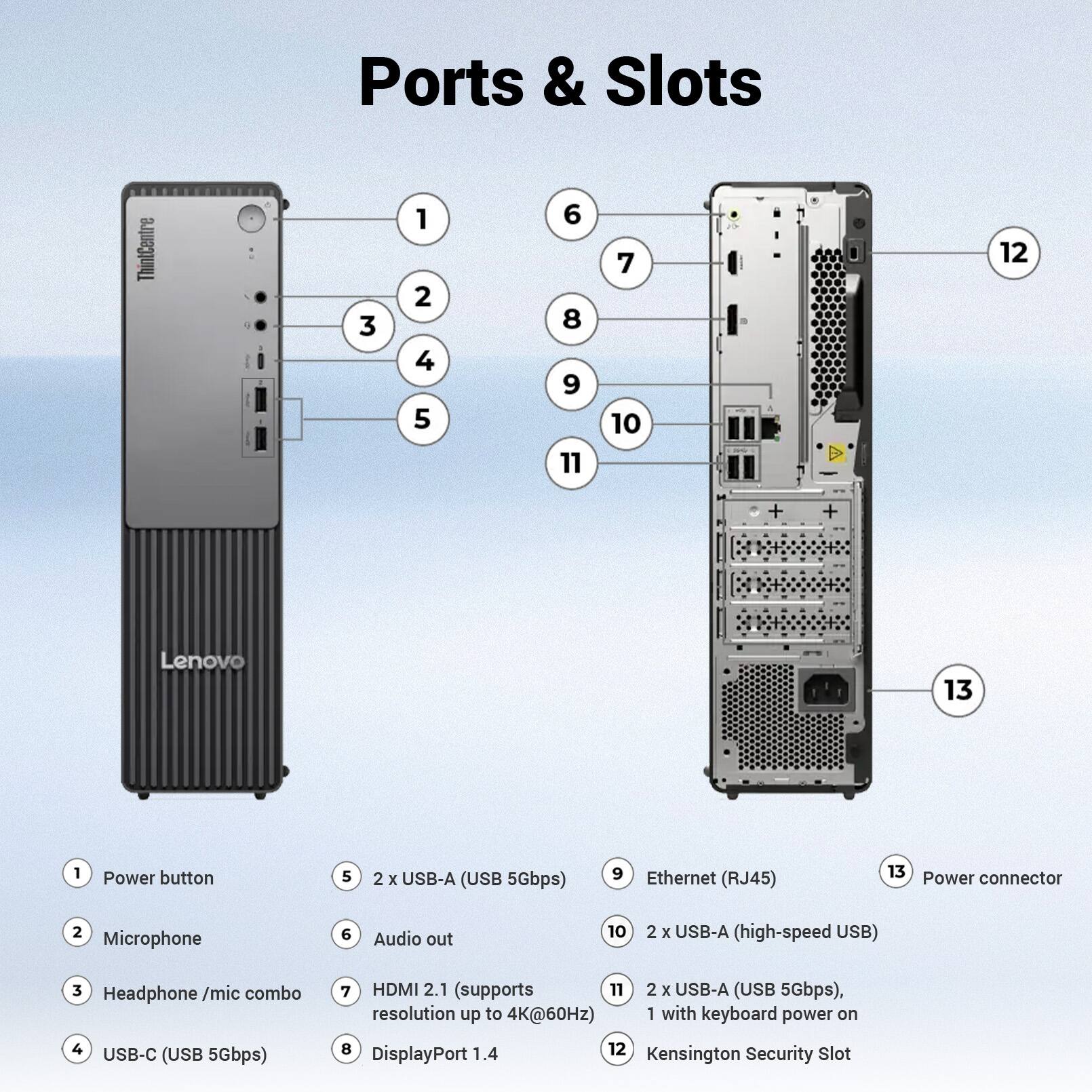 Ports & Slots

1. Power button
2. Microphone
3. Headphone / mic combo
4. USB-C (USB 5Gbps)
5. 2 x USB-A (USB 5Gbps)
6. Audio out
7. HDMI 2.1 (supports resolution up to 4K@60Hz)
8. DisplayPort 1.4
9. Ethernet (RJ45)
10. 2 x USB-A (high-speed USB)
11. 2 x USB-A (USB 5Gbps), 1 with keyboard power on
12. Kensington Security Slot
13. Power connector