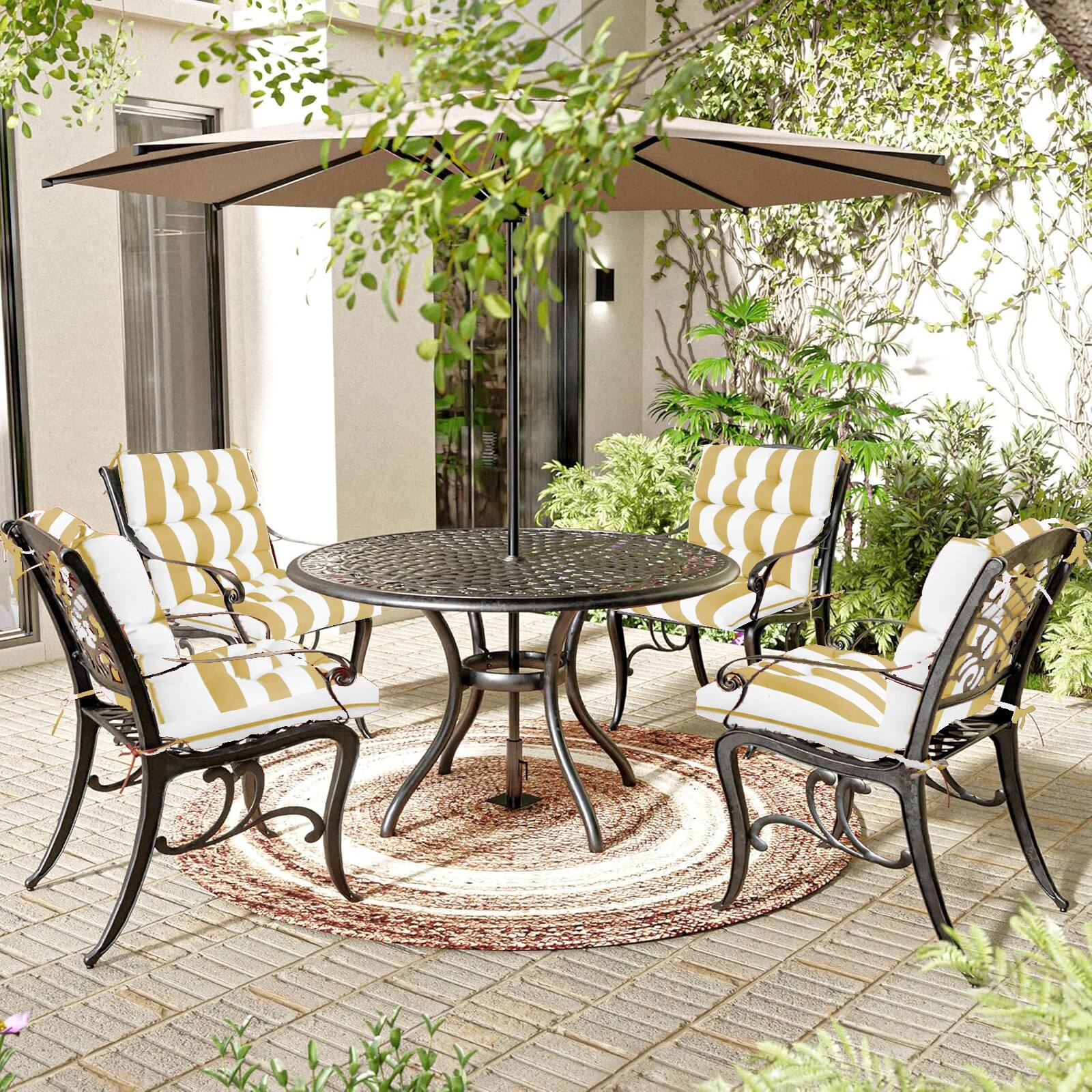 Alt View 1. Chateau Abodes - 2-Pack Outdoor High Back Chair Cushions, 44"x22"x4" Fade-Resistant Waterproof Tufted Pads with Ties - Yellow White.